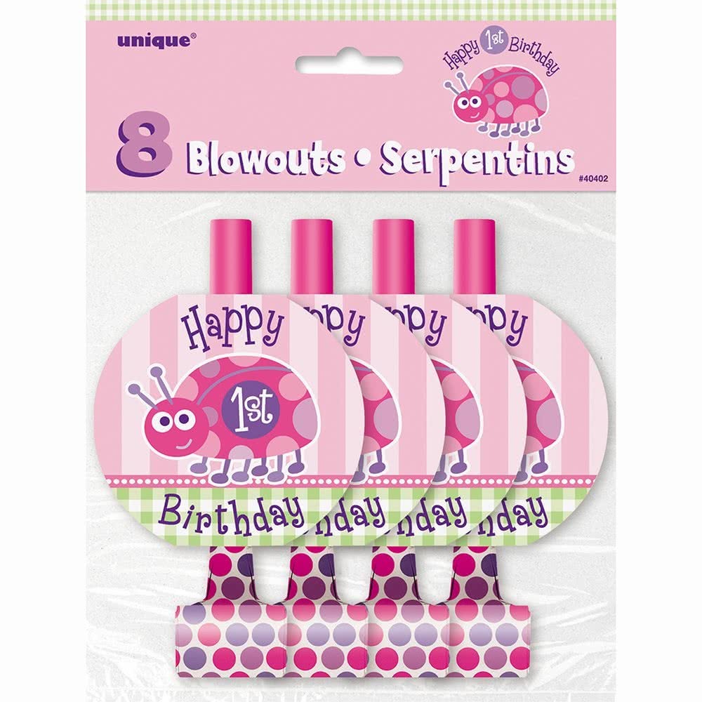 First Birthday Ladybug Party Blowers (Pack of 8)