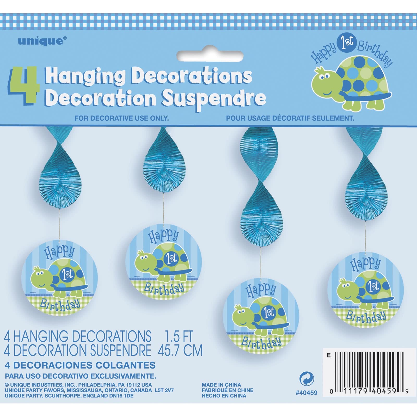 First Birthday Turtle Hanging Decorations (Pack of 4)