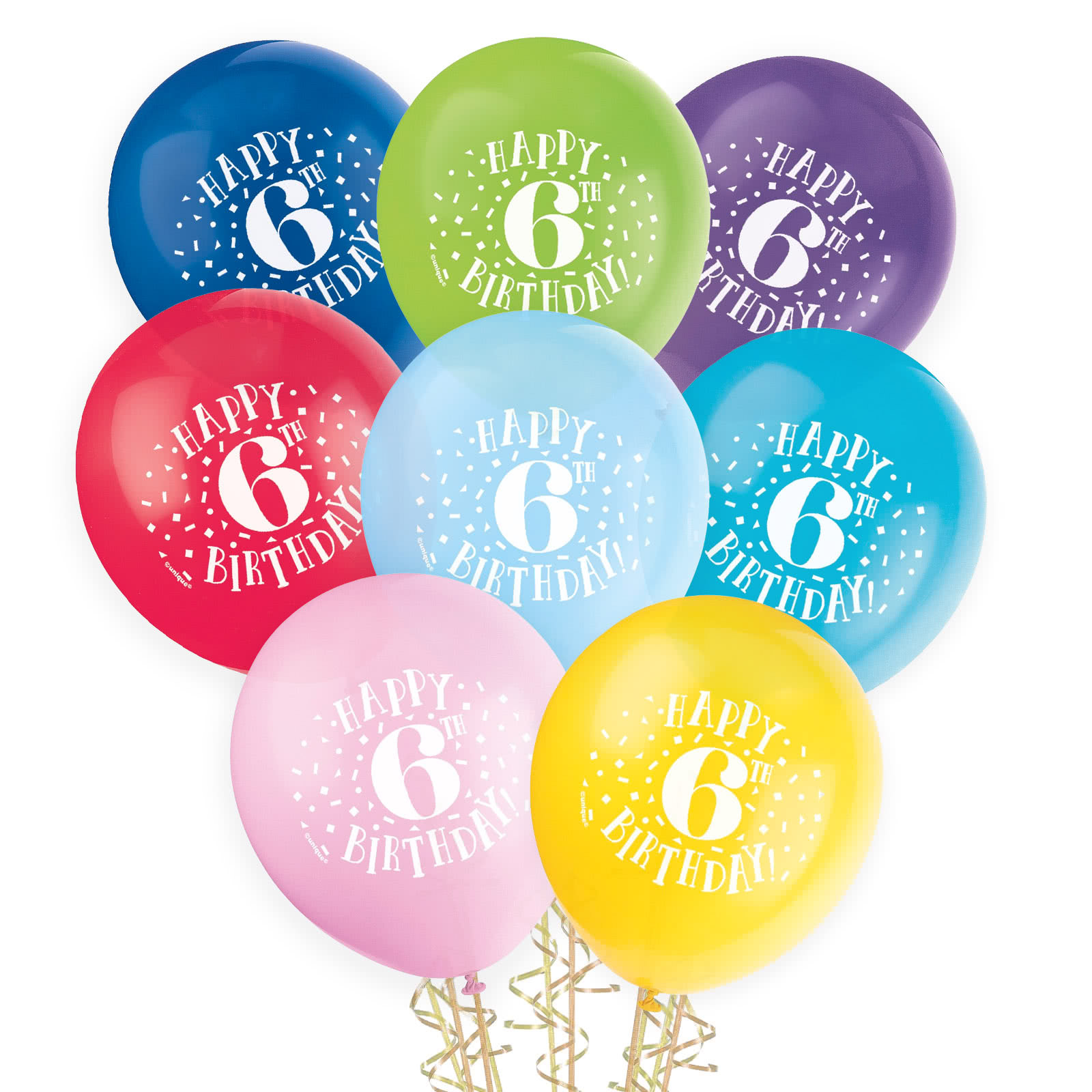 6th Birthday Coloured Balloons 30cm Round (Pack of 8)