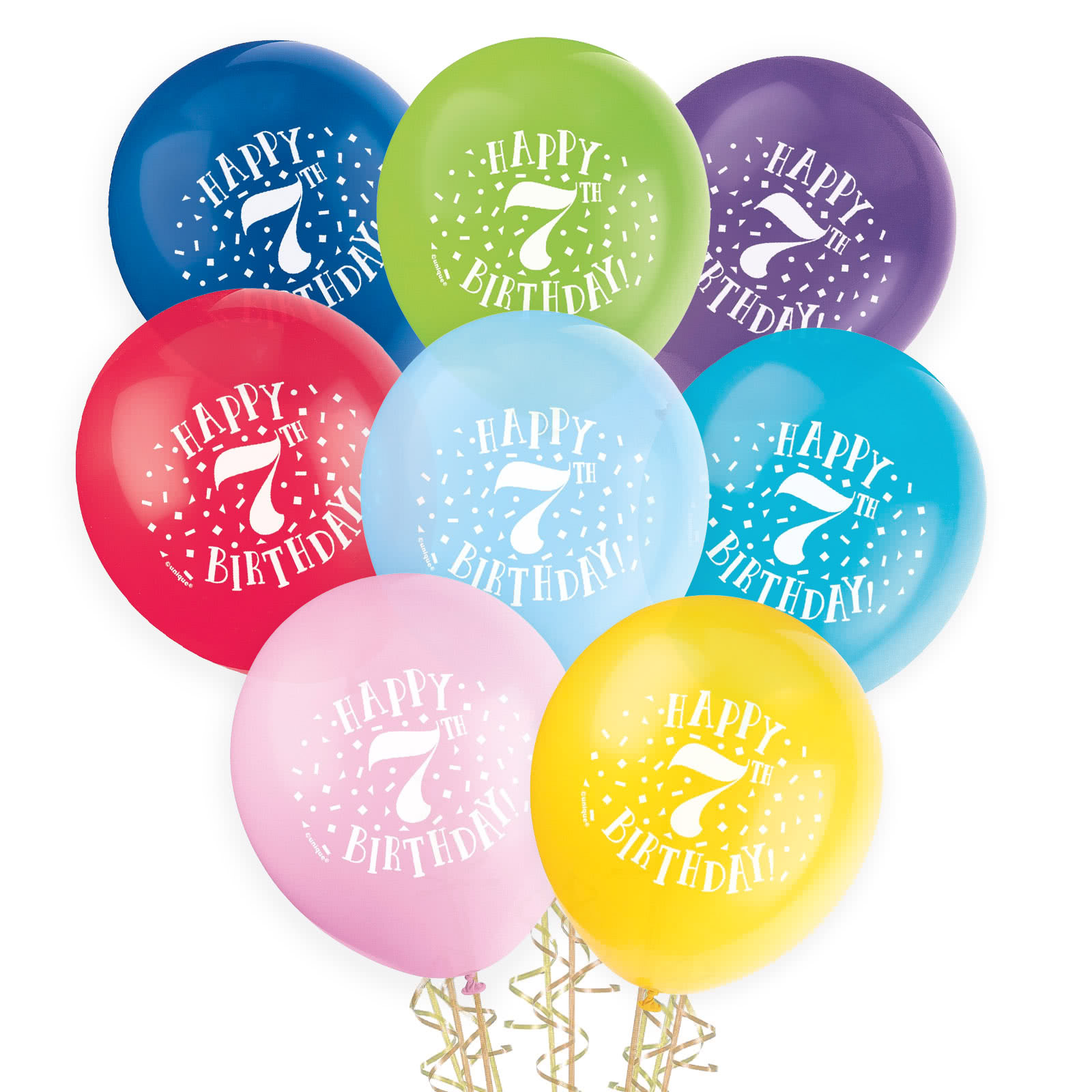 7th Birthday Coloured Balloons 30cm Round (Pack of 8)