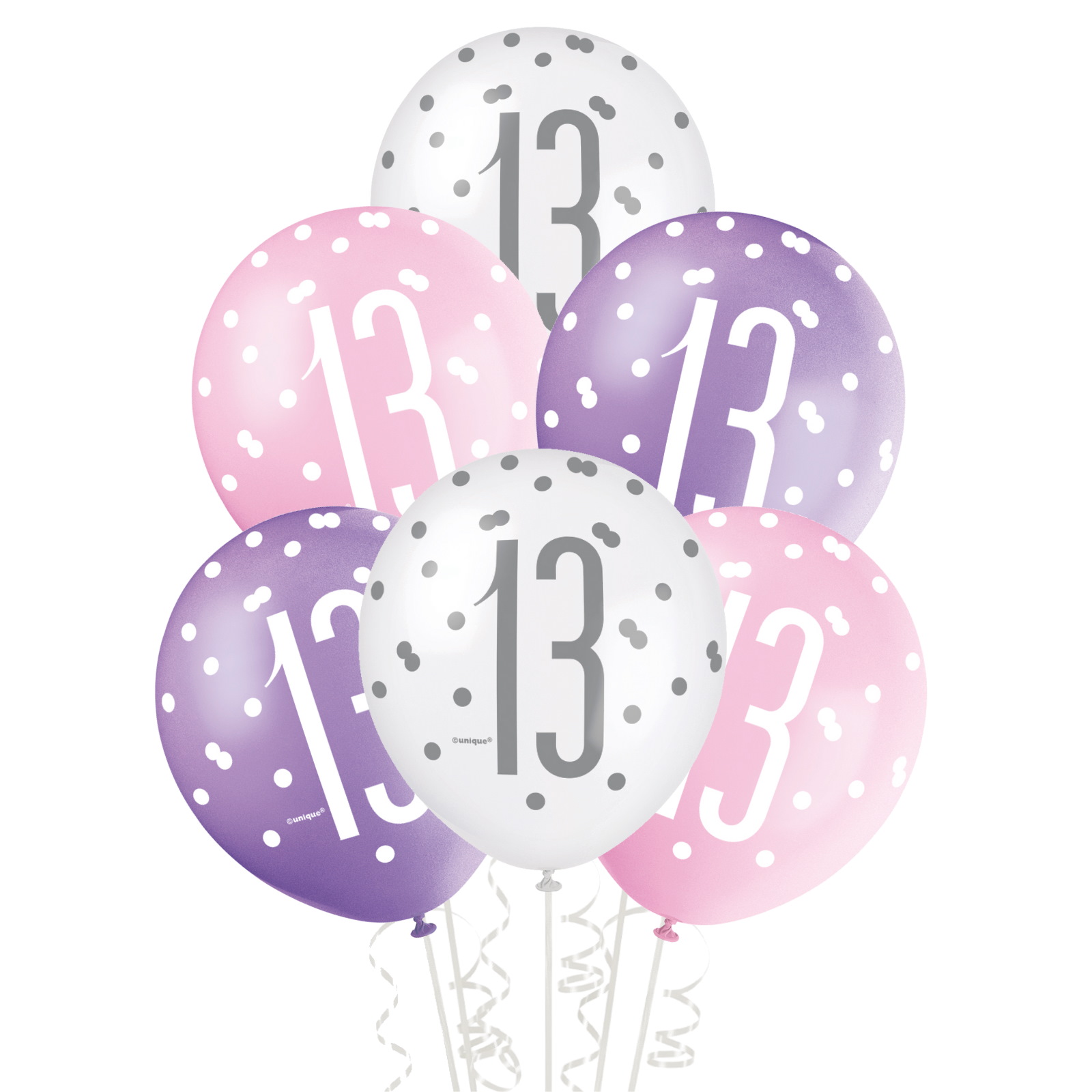 Pink, Purple & White Assorted 13th Birthday Balloons (Pack of 6)