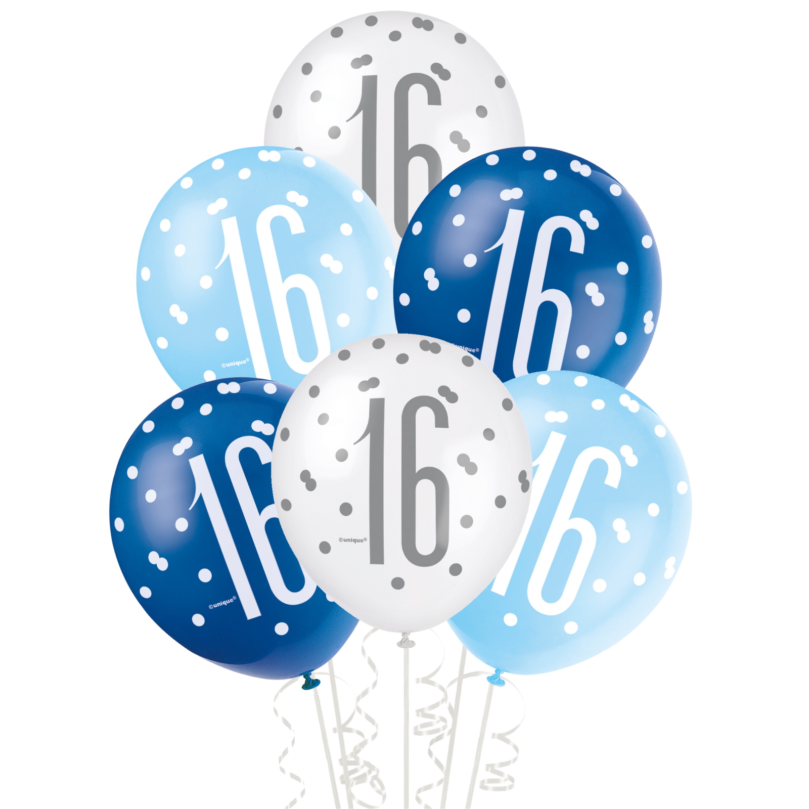 Blue & White Assorted 16th Birthday Balloons (Pack of 6)