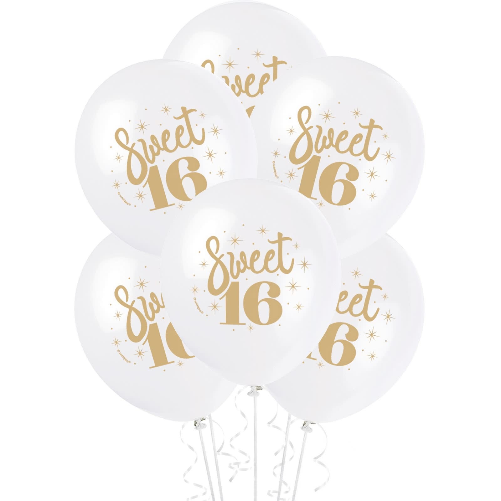 Sweet Sixteen White and Gold Balloons (Pack of 8)