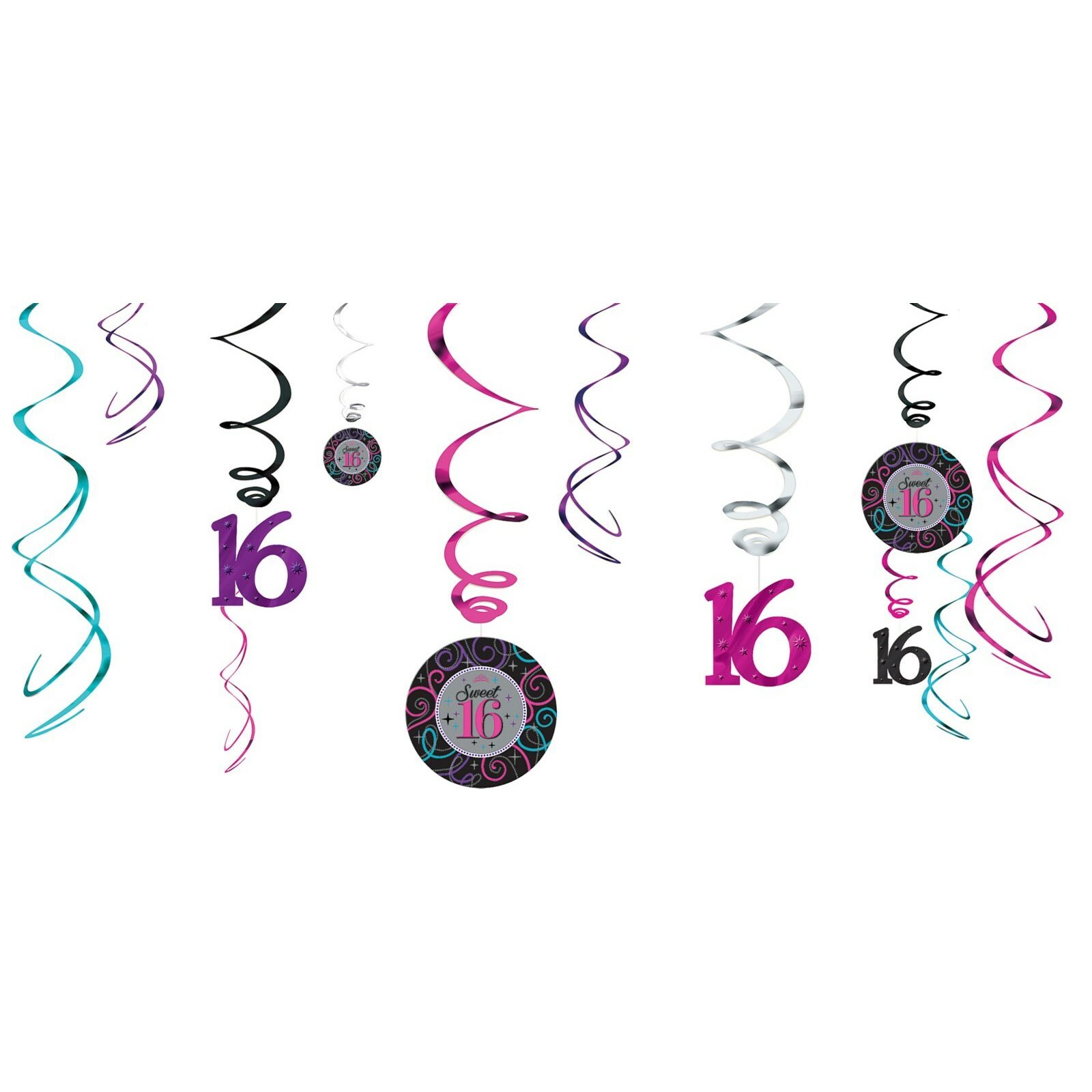 Sweet Sixteen 16th Swirl Decorations (Pack of 12)
