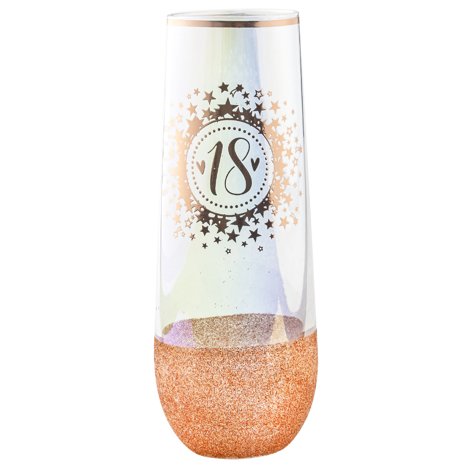 18th Birthday Rose Gold Glitter and Iridescent Stemless Champagne Glass 