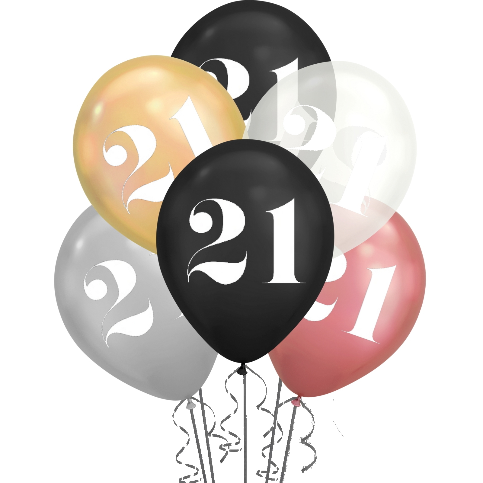 21st Birthday Shimmer Black, Clear & Metallic Mix Balloons (Pack of 6)