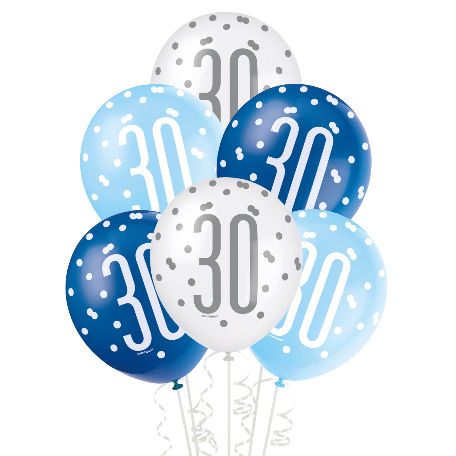 Blue & White Assorted 30th Birthday Balloons (Pack of 6)