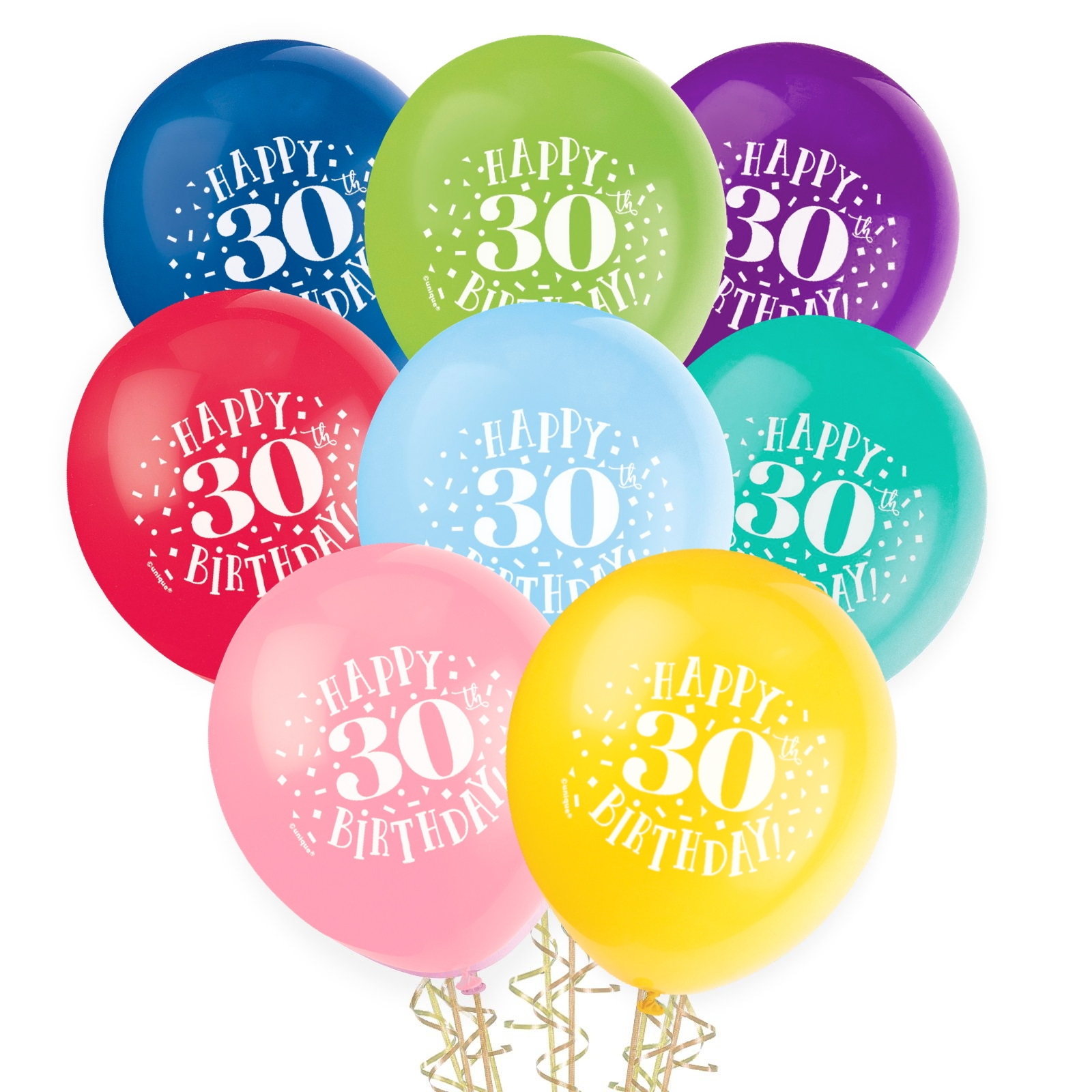 30th Birthday Balloons Assorted Colours (Pack of 8)