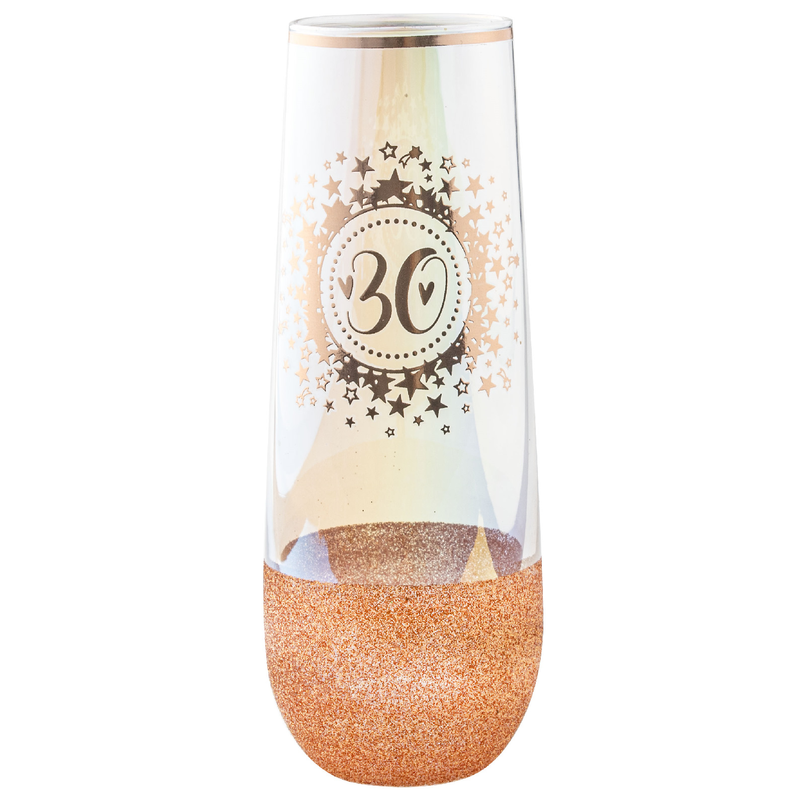 30th Birthday Rose Gold Glitter and Iridescent Stemless Champagne Glass