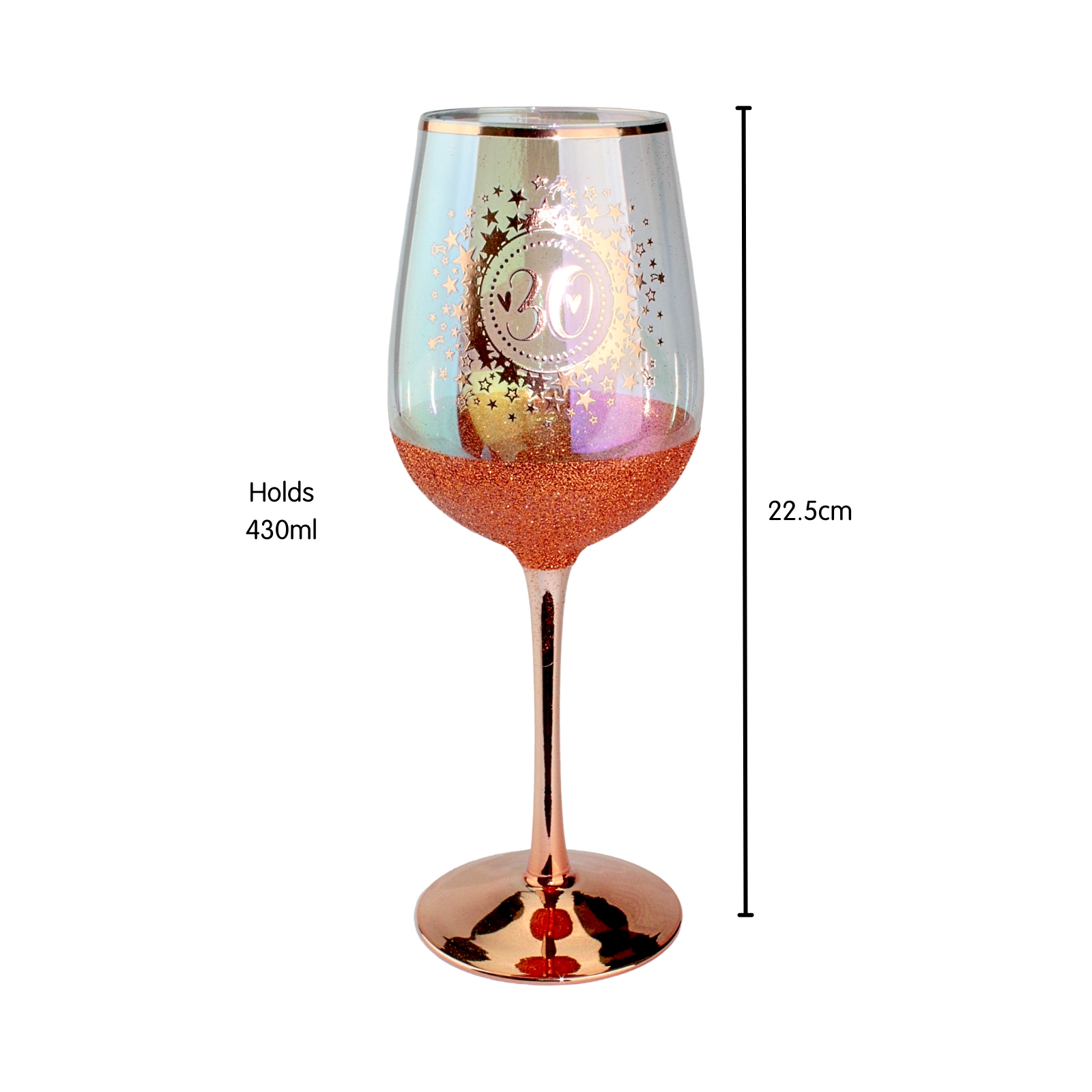 30th Birthday Rose Gold Glitter and Iridescent Wine Glass 30th