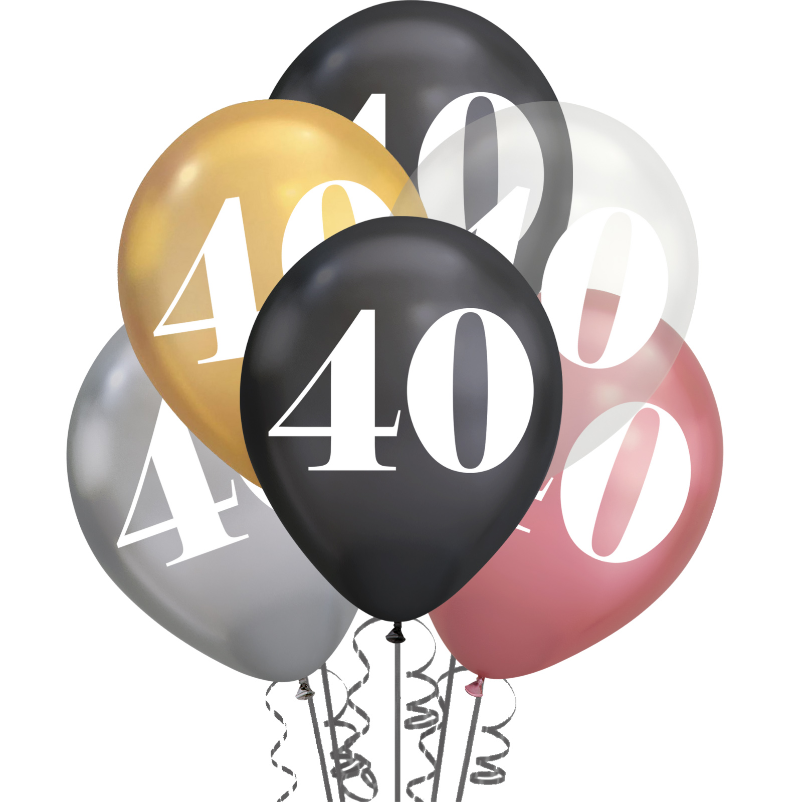 40th Birthday Shimmer Black, Clear and Metallic Mix Balloons (Pack of 6)