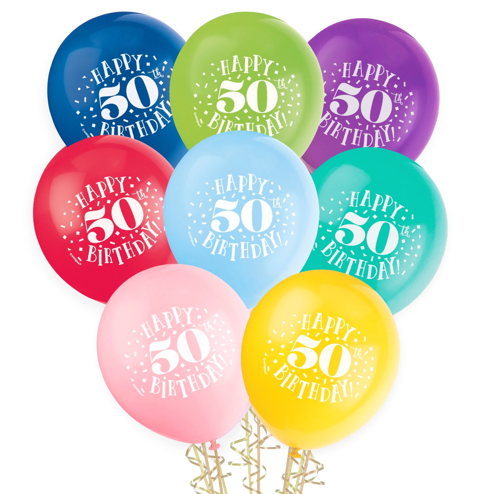 50th Birthday Balloons Assorted Colours (Pack of 8)