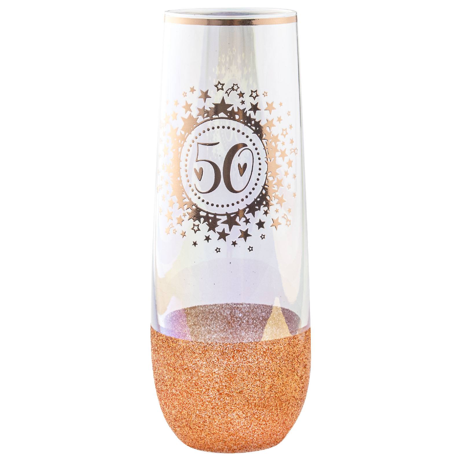 50th Birthday Rose Gold Glitter and Iridescent Stemless Champagne Glass