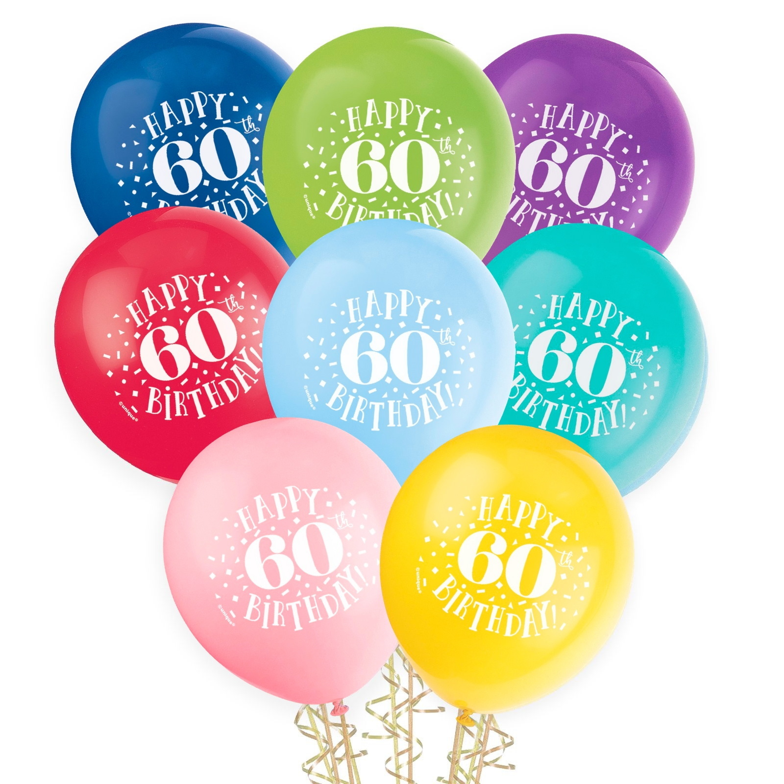 60th Birthday Balloons Assorted Colours (Pack of 8)