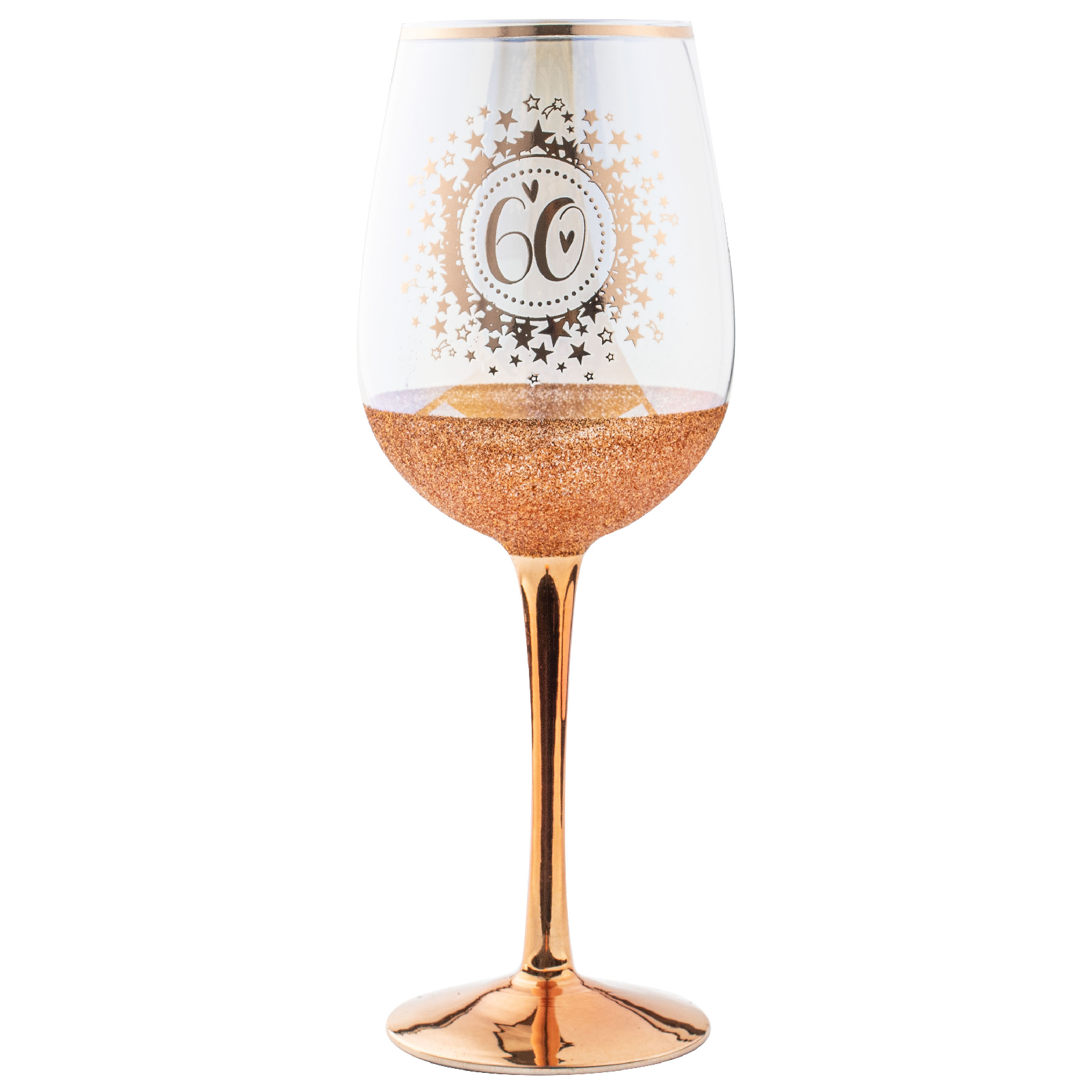 60th Birthday Rose Gold Glitter and Iridescent Wine Glass