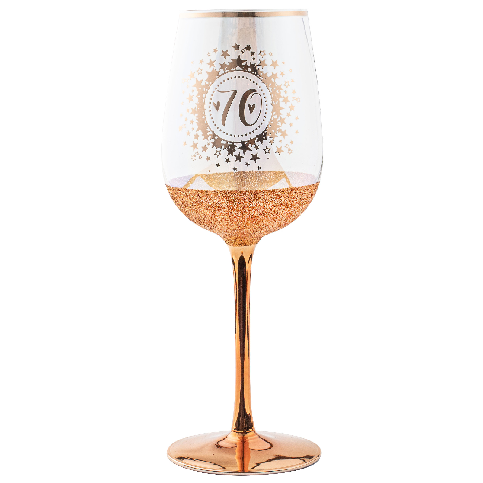 70th Birthday Rose Gold Glitter and Iridescent Wine Glass 