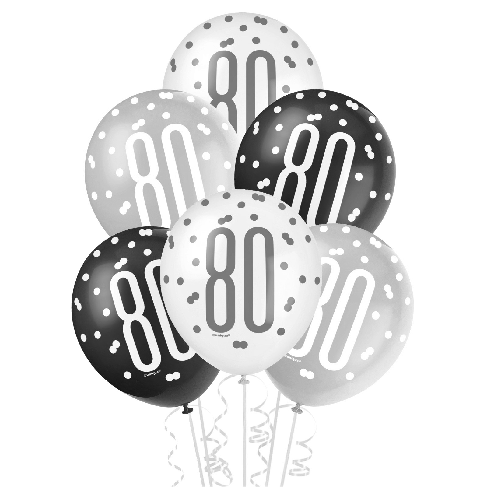 Black, Silver & White Assorted 80th Birthday Balloons (Pack of 6)