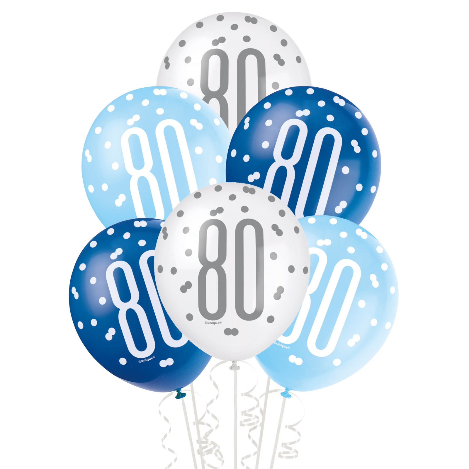 Blue & White Assorted 80th Birthday Balloons (Pack of 6)