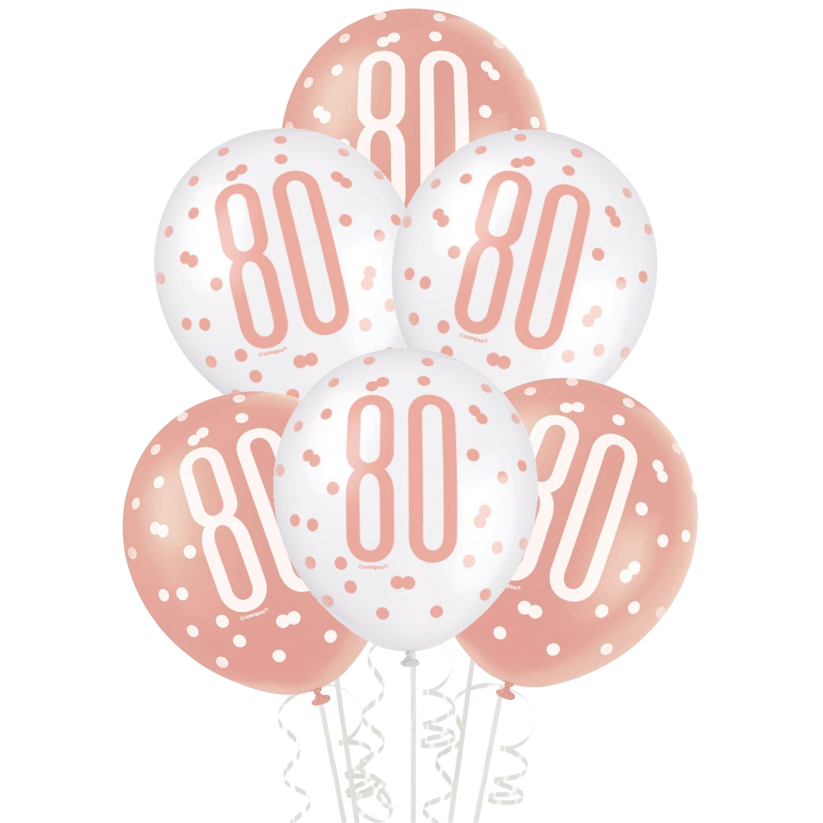 Rose Gold & White Assorted 80th Birthday Balloons (Pack of 6)