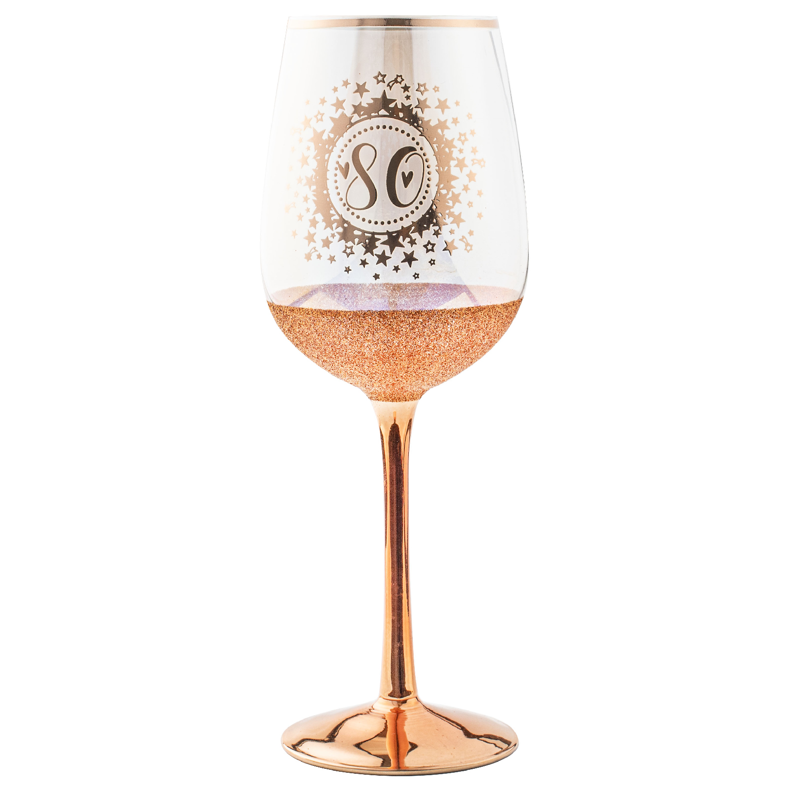 80th Birthday Rose Gold Glitter and Iridescent Wine Glass