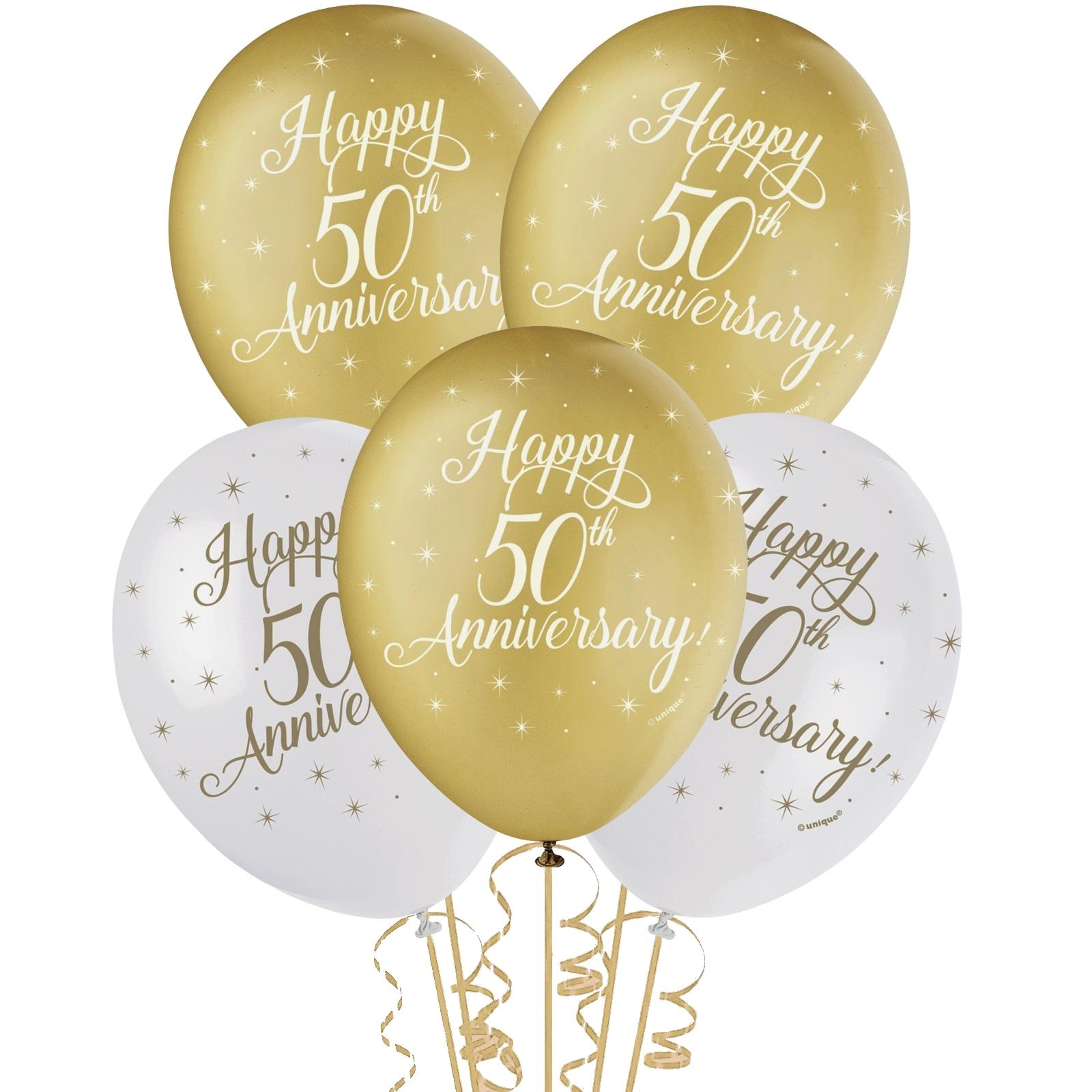 Happy 50th Anniversary Gold & White Balloons (Pack of 5)