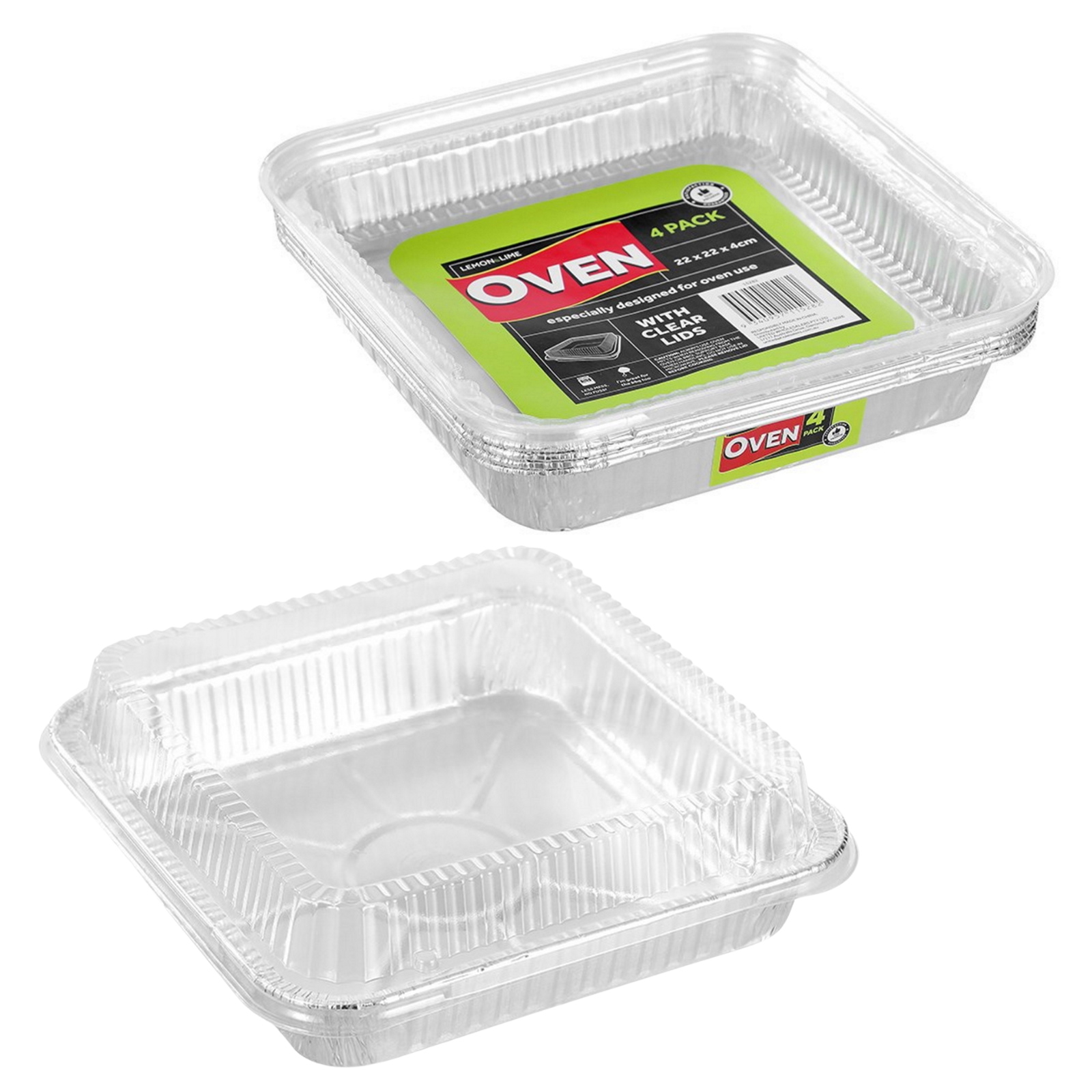 Square Foil Trays With Lids 22cm x 2cm x 4cm (Pack of 4)