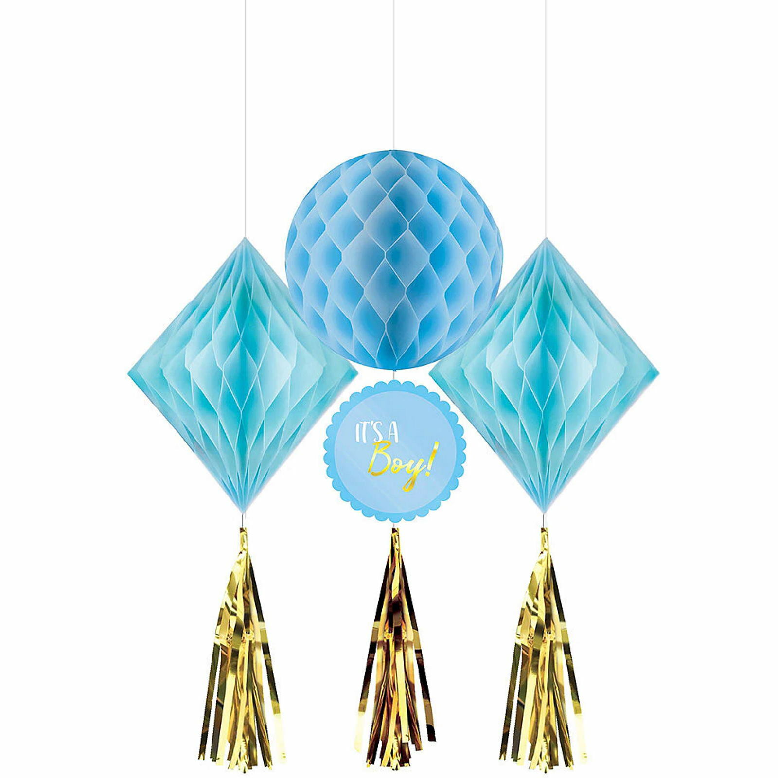 Baby Shower Boy Blue Honeycomb & Gold Tassel Decorations (Pack of 3)