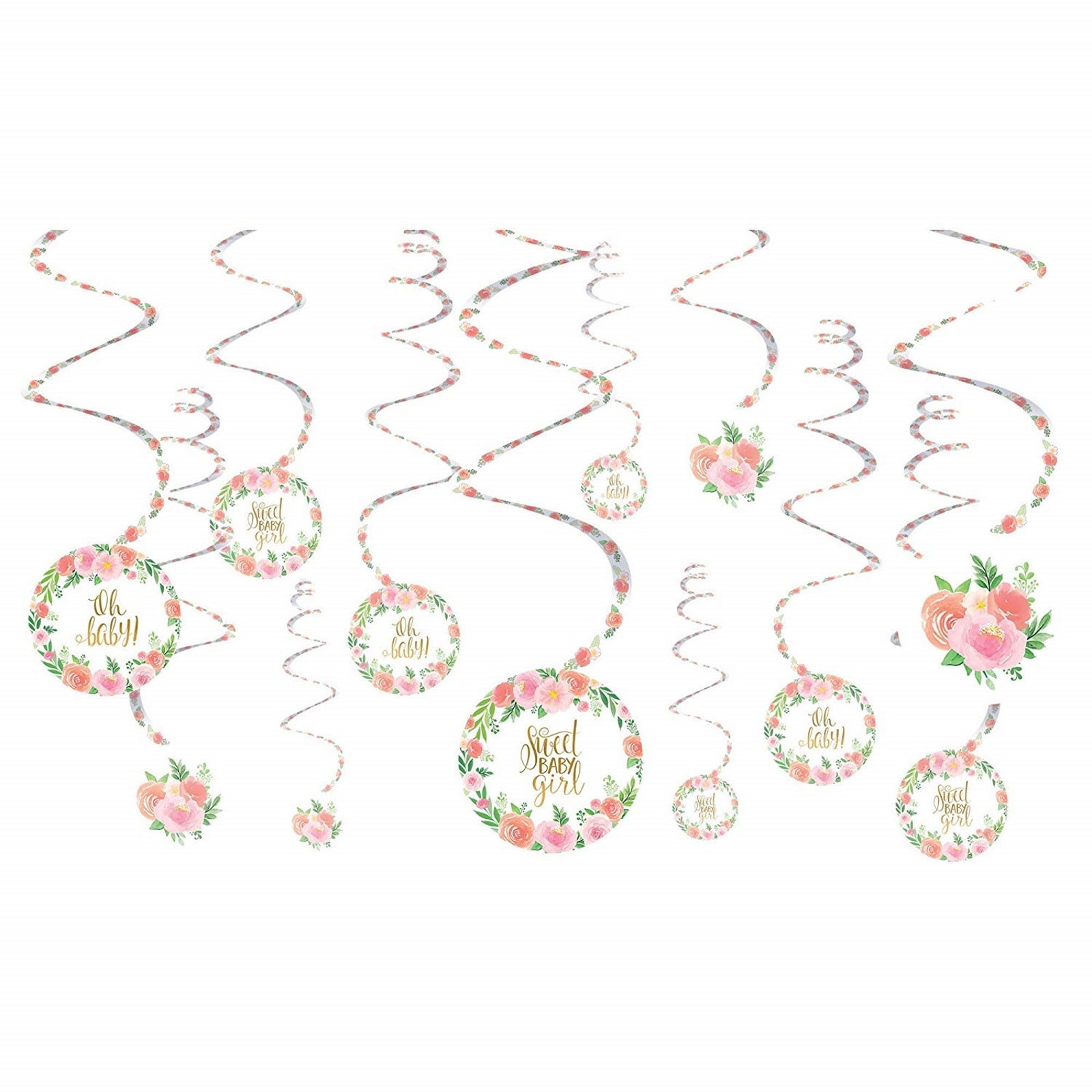 Floral Baby Girl Swirl Decorations (Pack of 12)