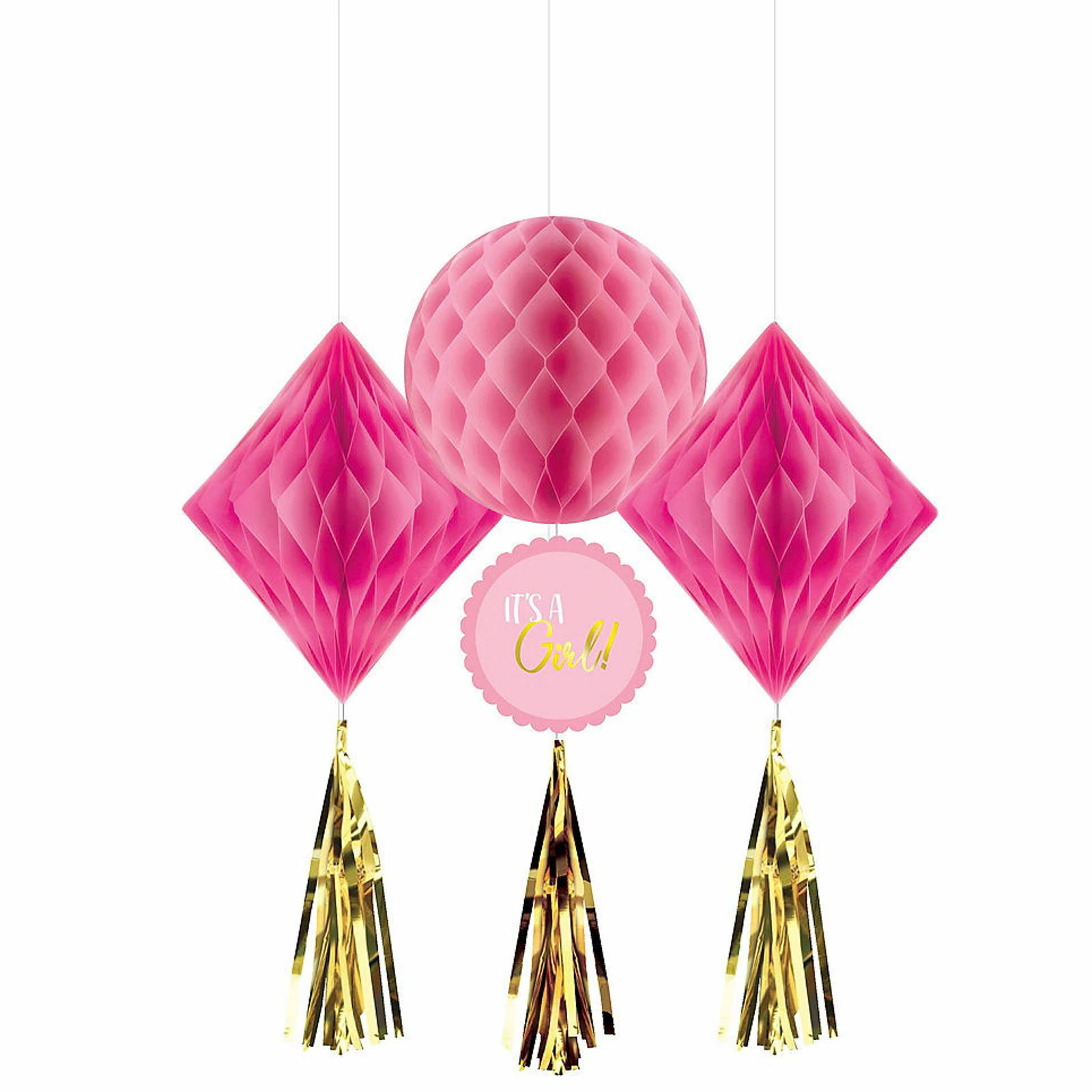 Baby Shower Girl Pink Honeycomb & Gold Tassel Decorations (Pack of 3)