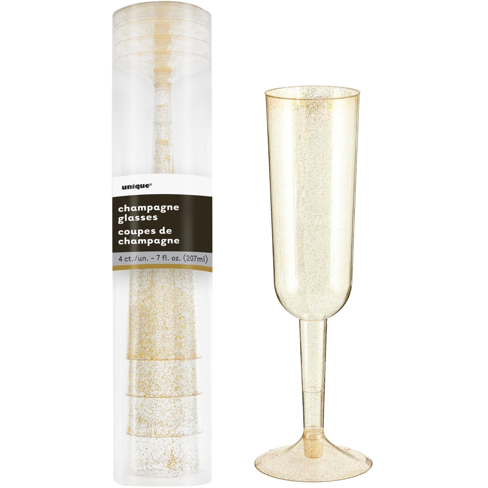 Gold Glitter Plastic Champagne Flutes (Pack of 4)
