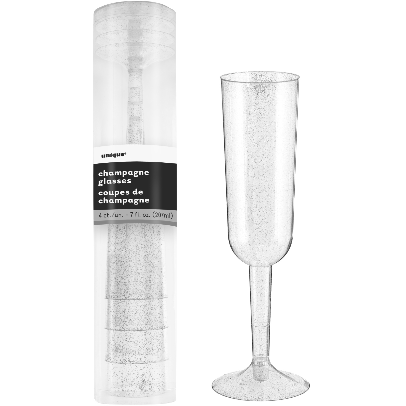 Silver Glitter Plastic Champagne Flutes (Pack of 4)
