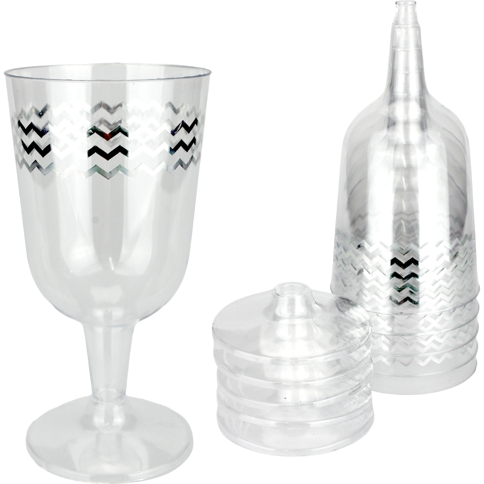 Silver Chevron Trim Plastic Wine Glasses (Pack of 6)