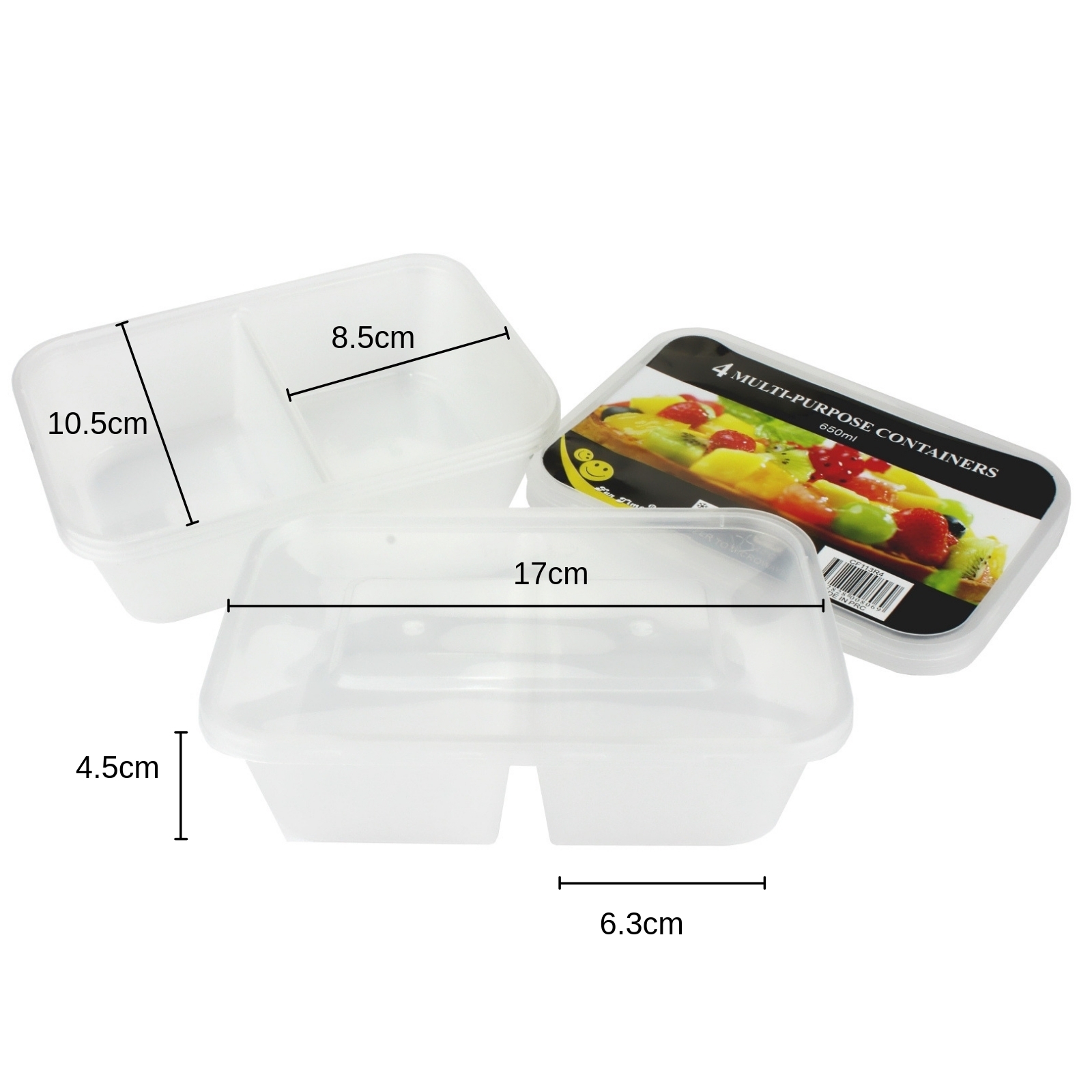 Plastic Divided Food Containers With Lids 650ml (Pack of 4) Storage