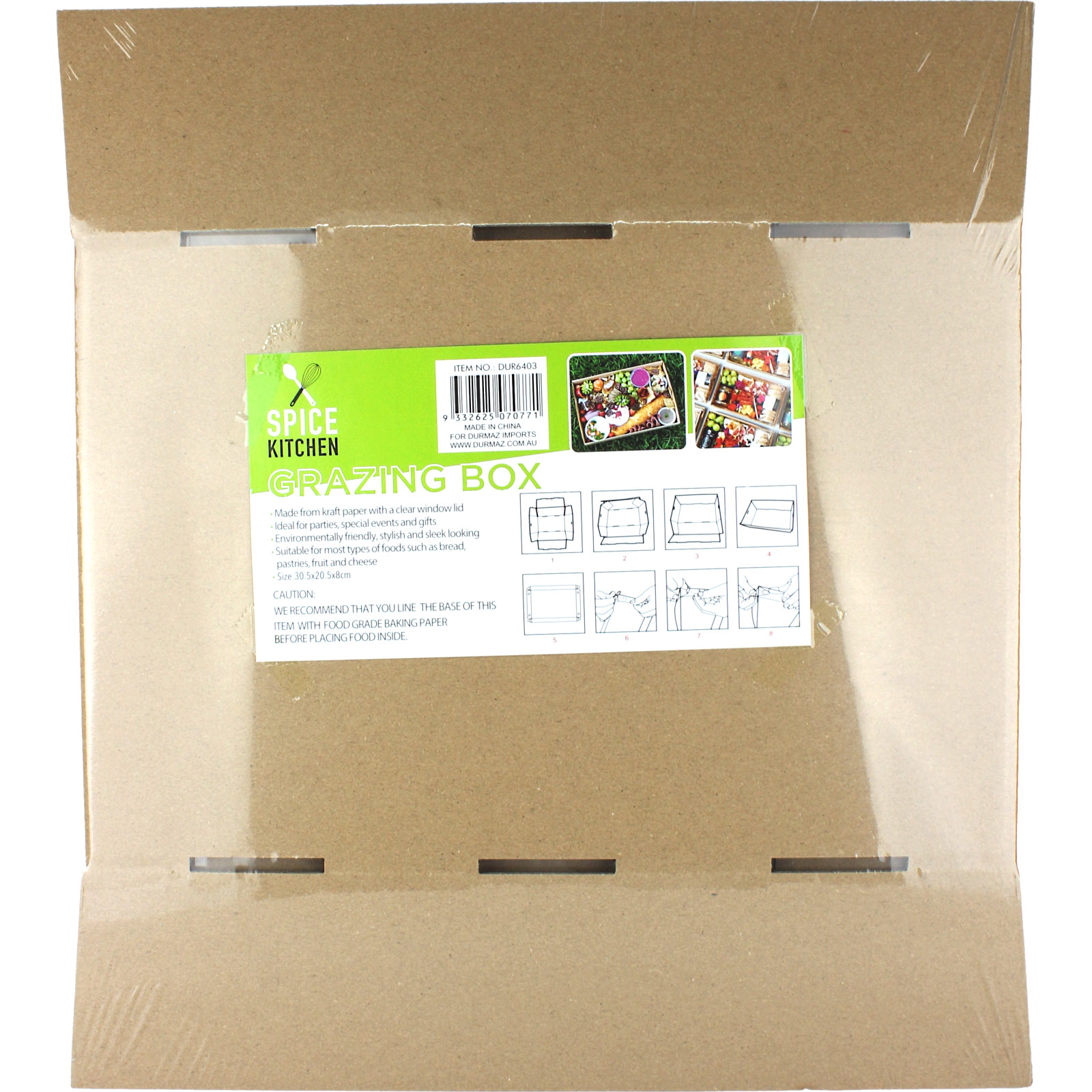 Kraft Grazing Box with Clear Plastic Lid 30.5cm x 20.5cm x 8cm