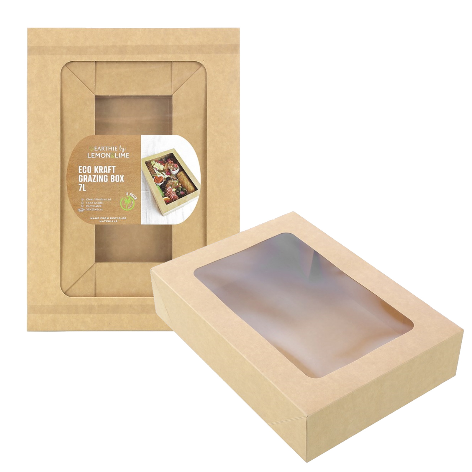 Lemon Lime Eco Kraft Grazing Boxes with Lids 36cm x 25cm x 8cm (Pack of 3)