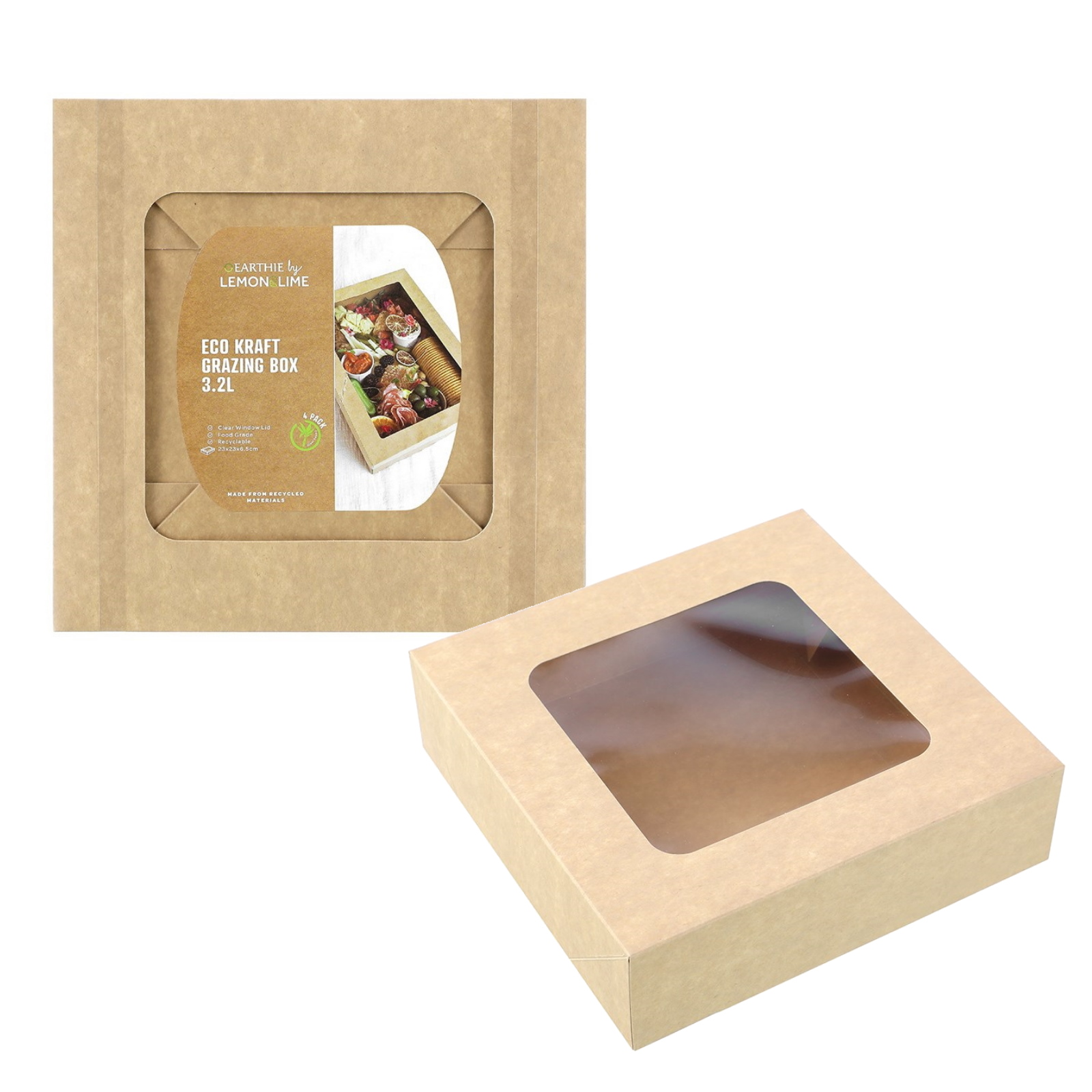 Eco Kraft Grazing Boxes with Lids 23cm x 23cm x 6.5cm (Pack of 4) 