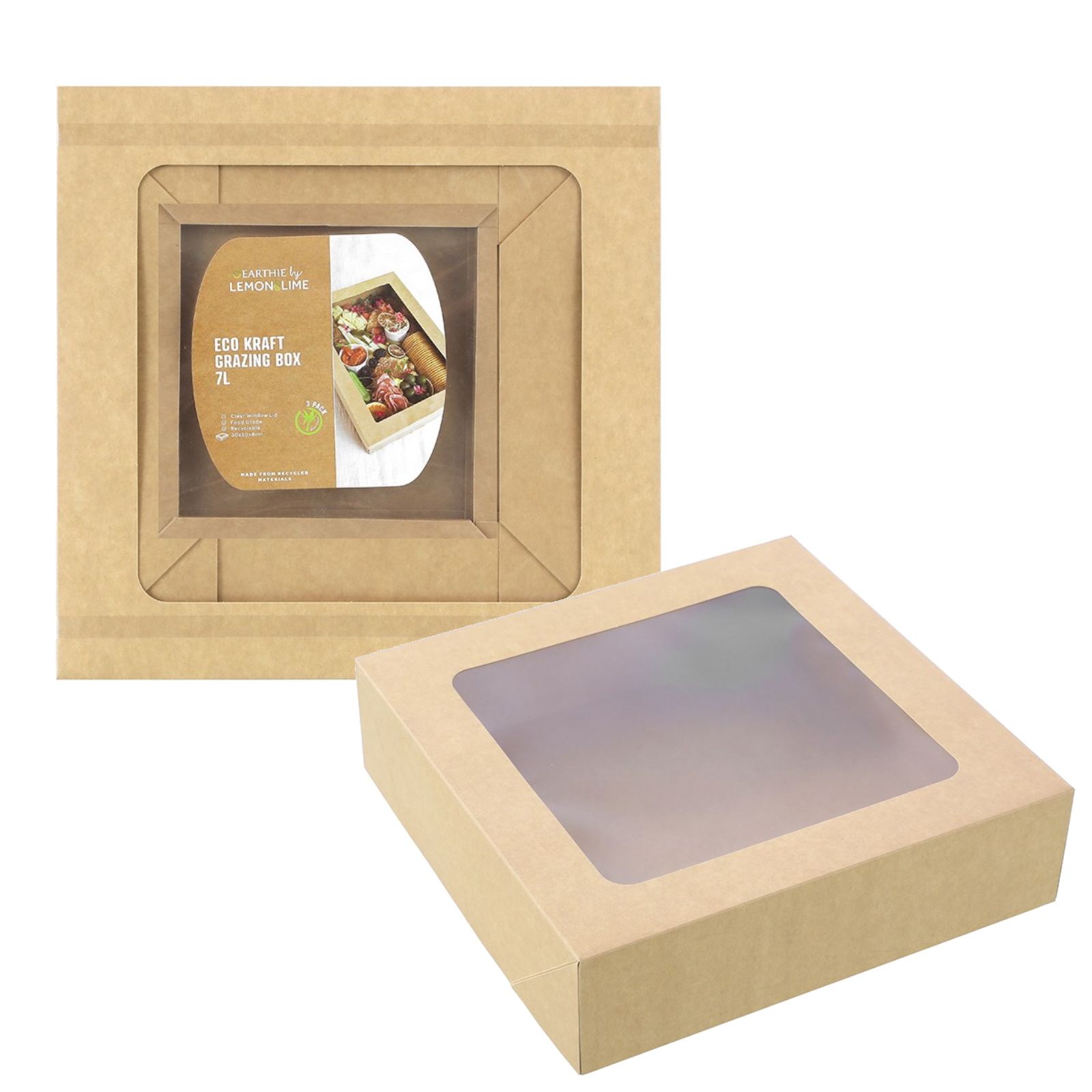 Lemon Lime Eco Kraft Grazing Boxes with Lids 30cm x 30cm x 8cm (Pack of 3)