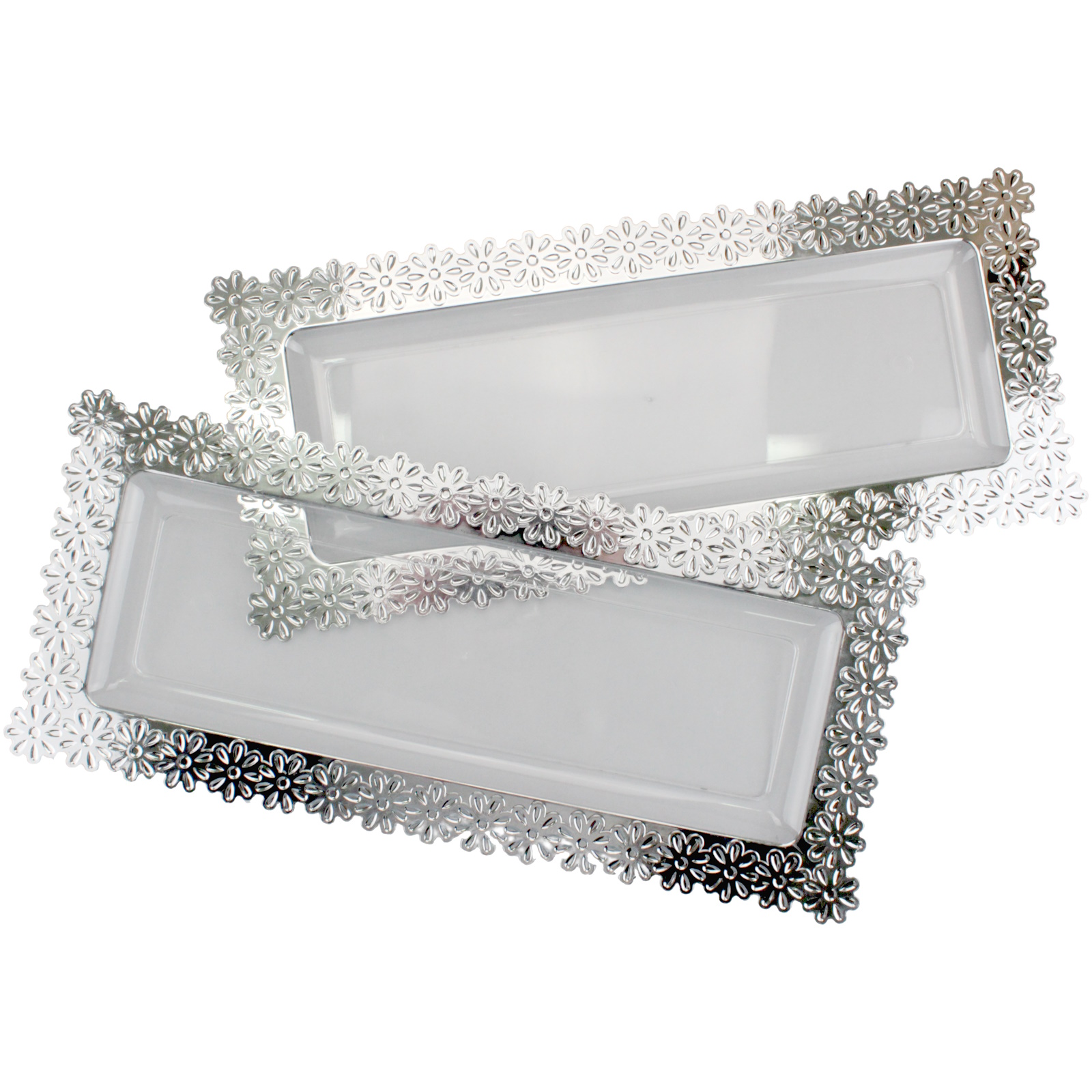 Metallic Silver Floral Edge Plastic Serving Platter (Pack of 2)