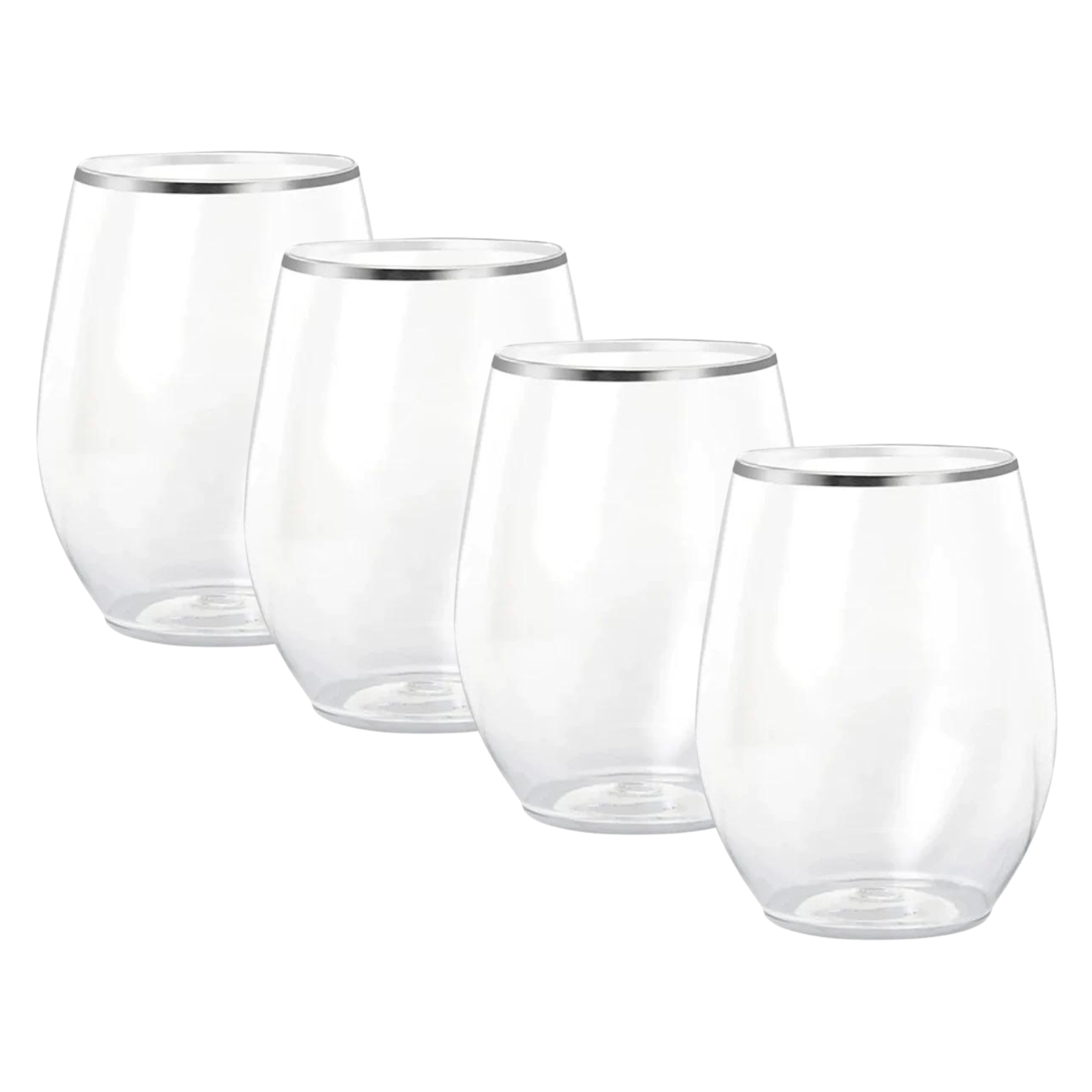 Silver Trim Plastic Stemless Wine Glasses 350ml (Pack of 4)