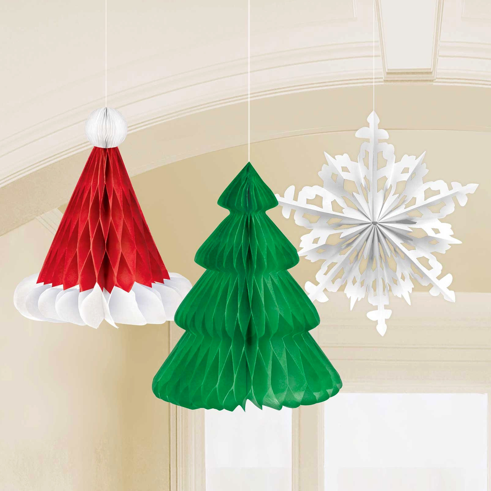 Christmas Tree, Hat & Snowflake Honeycomb Hanging Decorations (Pack of 3)