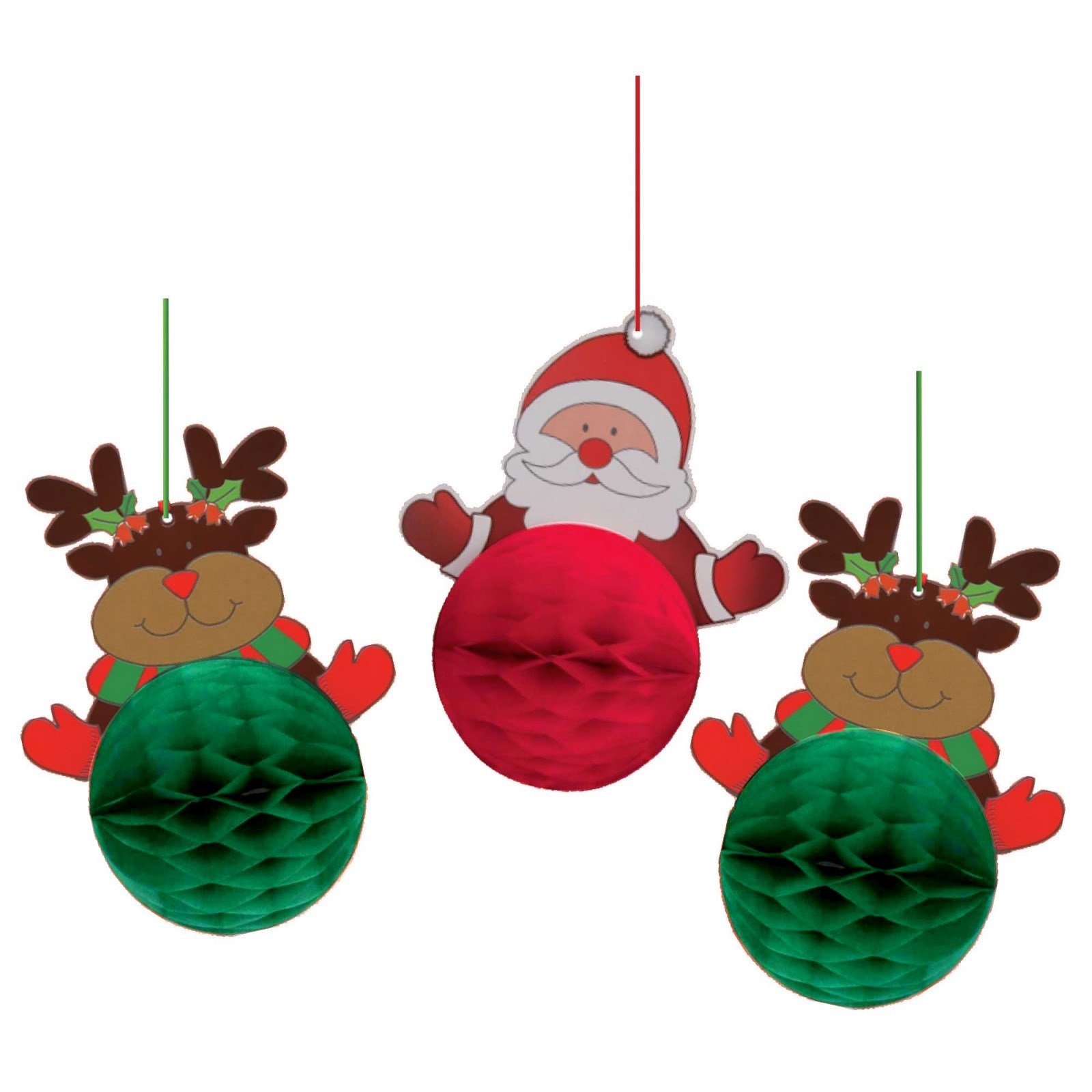 Santa & Reindeers Honeycomb Hanging Decorations (Pack of 3)