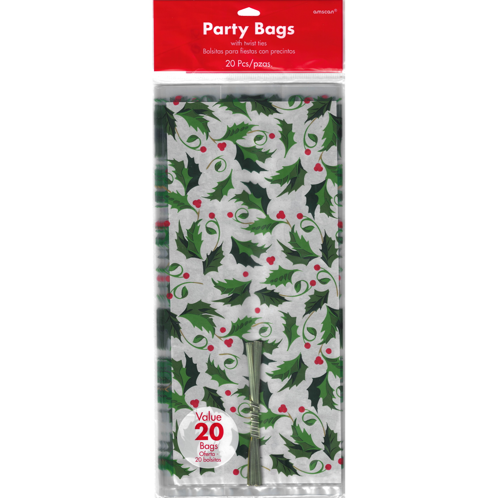 Christmas Holly Plastic Treat Bags 29cm (Pack of 20) 