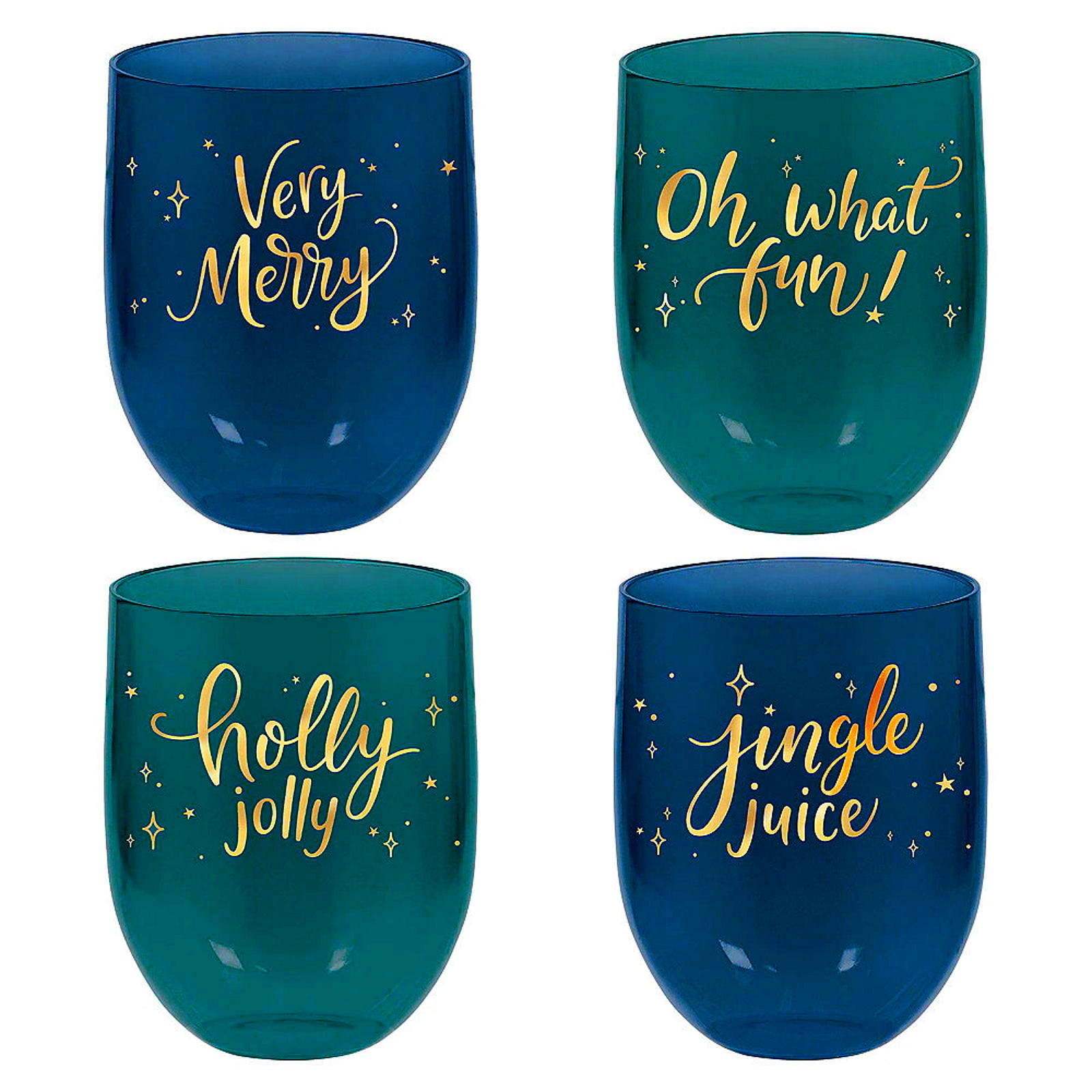 Teal Very Merry Christmas Plastic Glasses (Pack of 4)