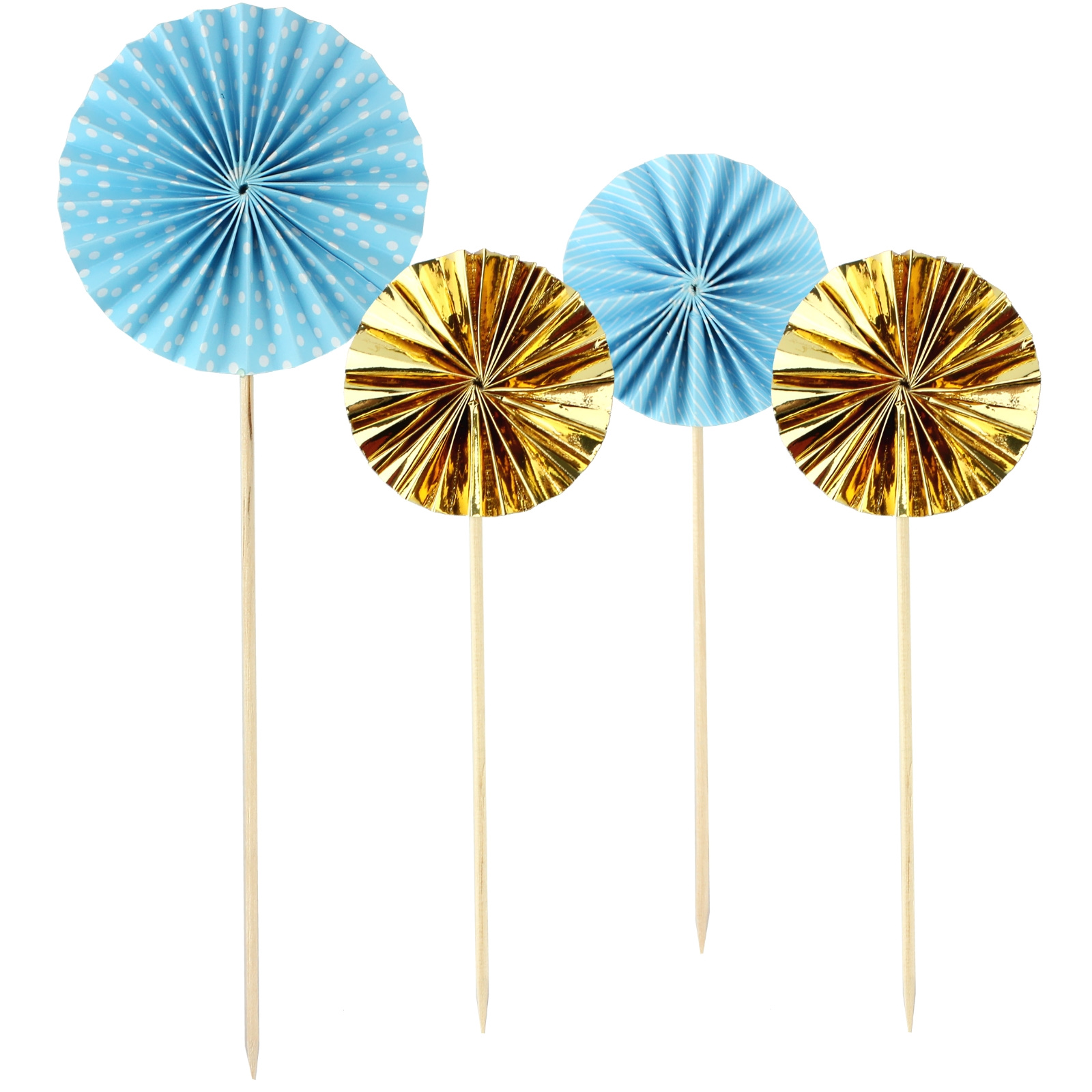 Pastel Blue Dots Stripes and Gold Foil Fan Cake Picks (Pack of 4)