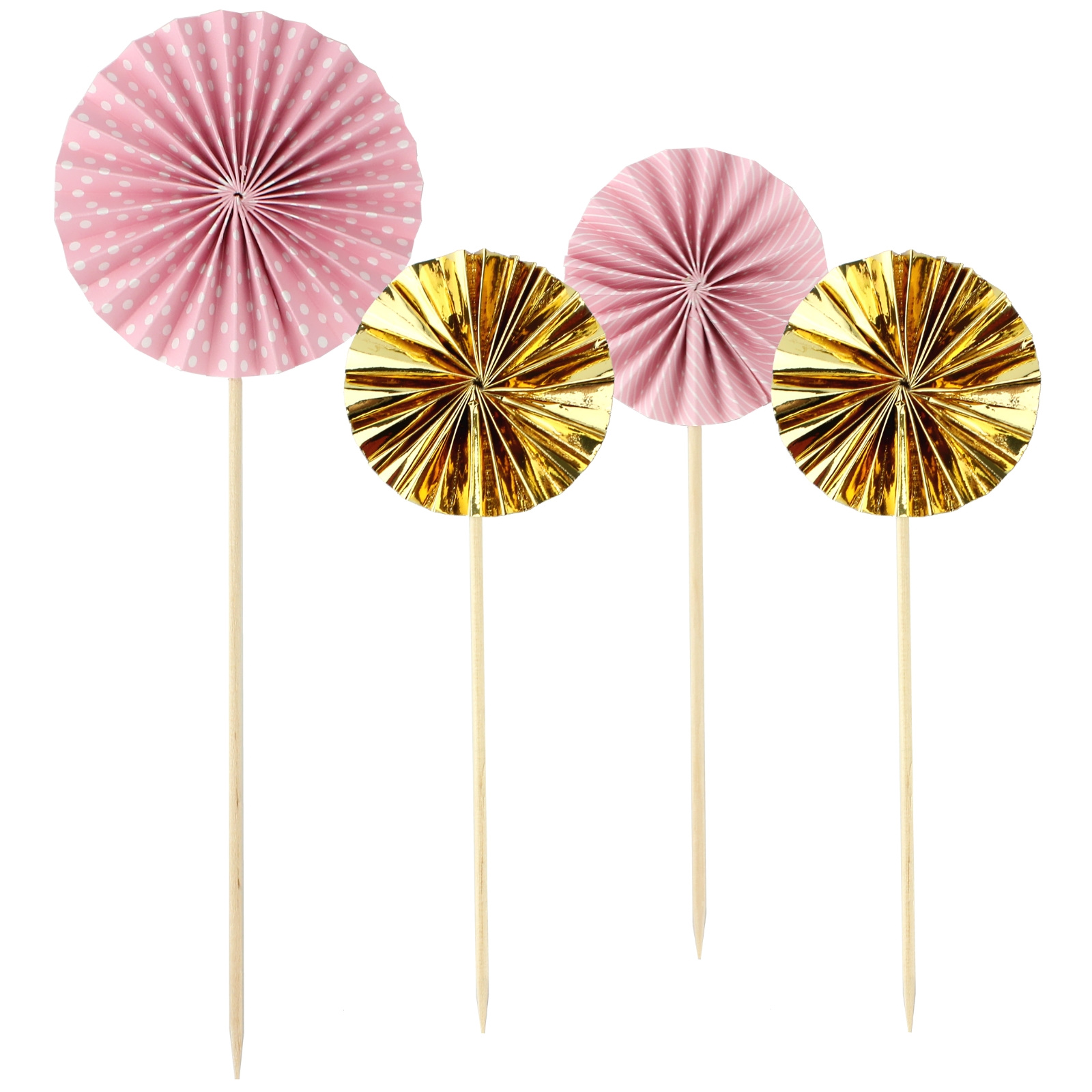 Pastel Pink Dots Stripes and Gold Foil Fan Cake Picks (Pack of 4)