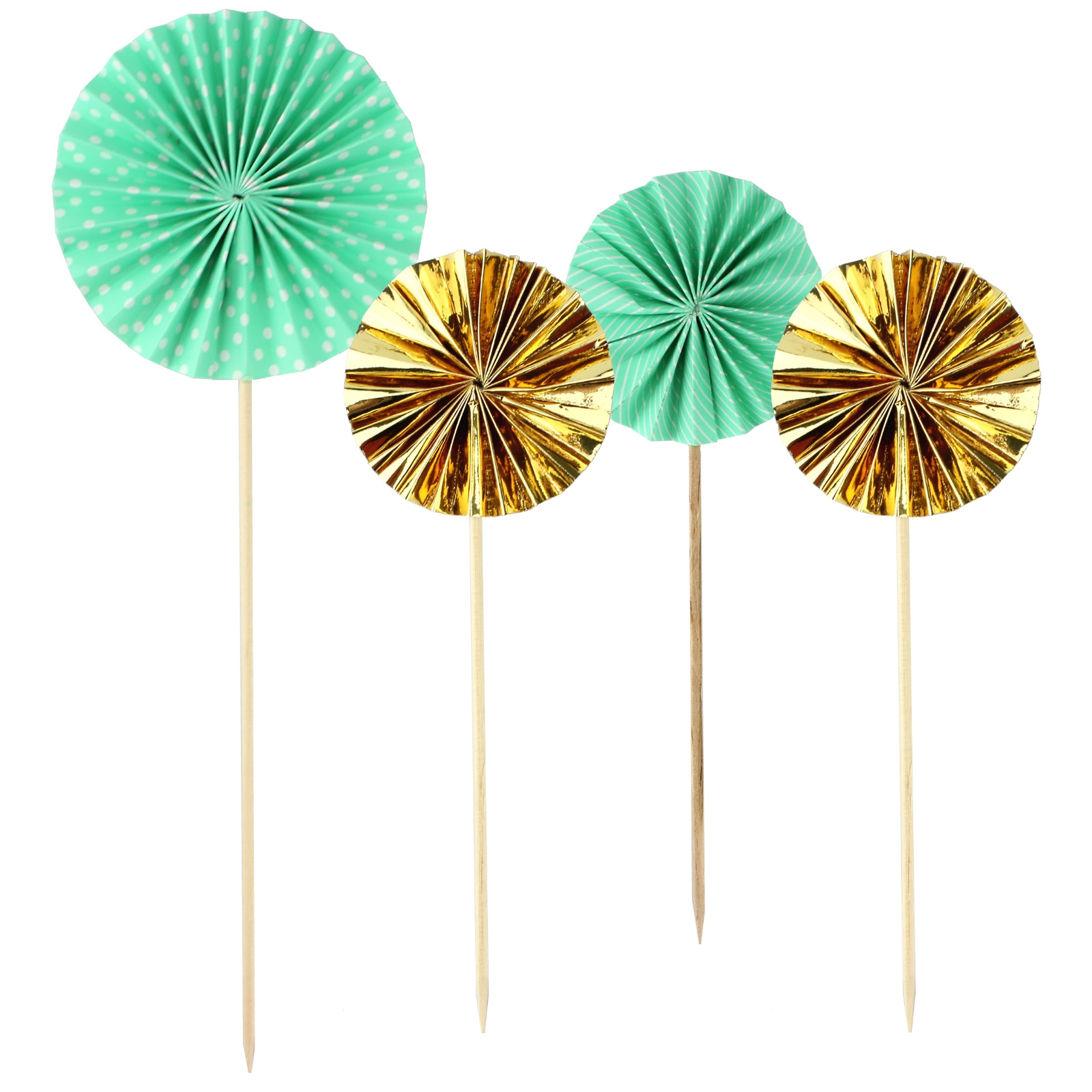 Pastel Mint Dots Stripes and Gold Foil Fan Cake Picks (Pack of 4)