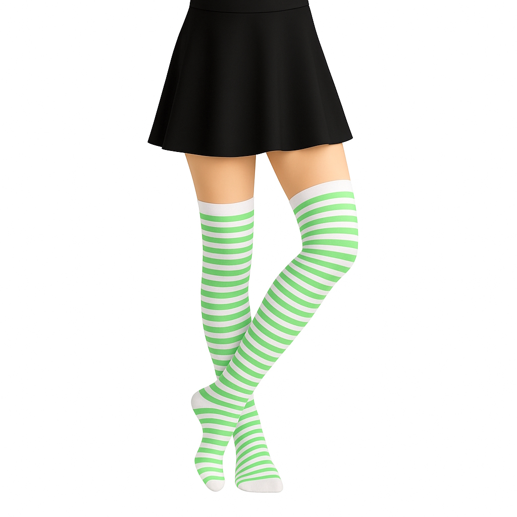 Over The Knee Green & White Striped Stockings (1 Pair) 
