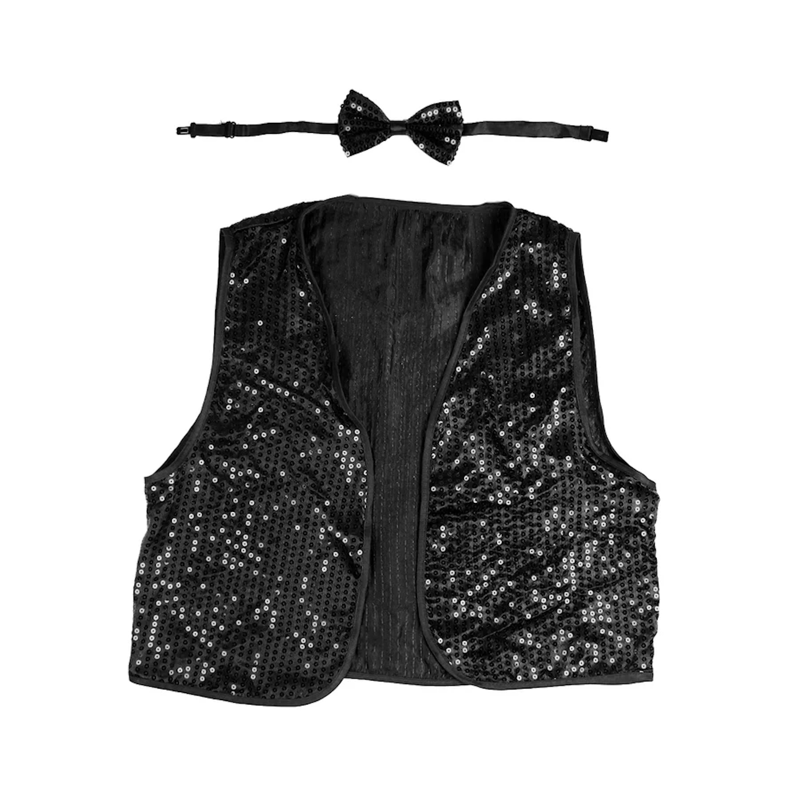 Kids Black Sequin Bow Tie And Vest Set One Size