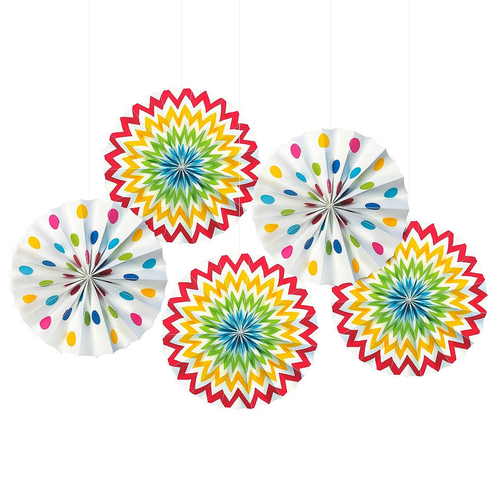 Rainbow Polka Dot and Chevron Paper Fan Decorations (Pack of 5)