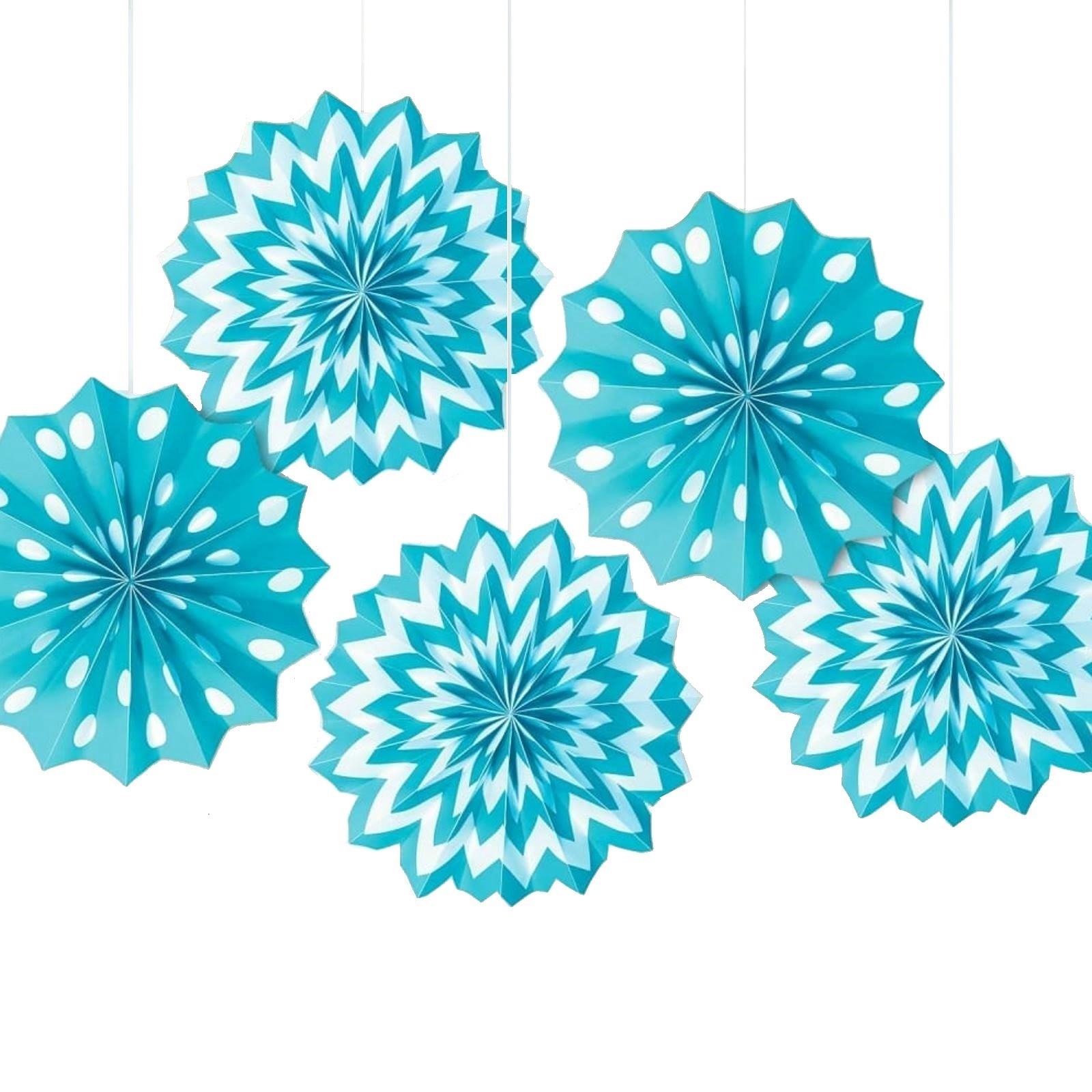 Teal Polka Dot and Chevron Paper Fan Decorations (Pack of 5)